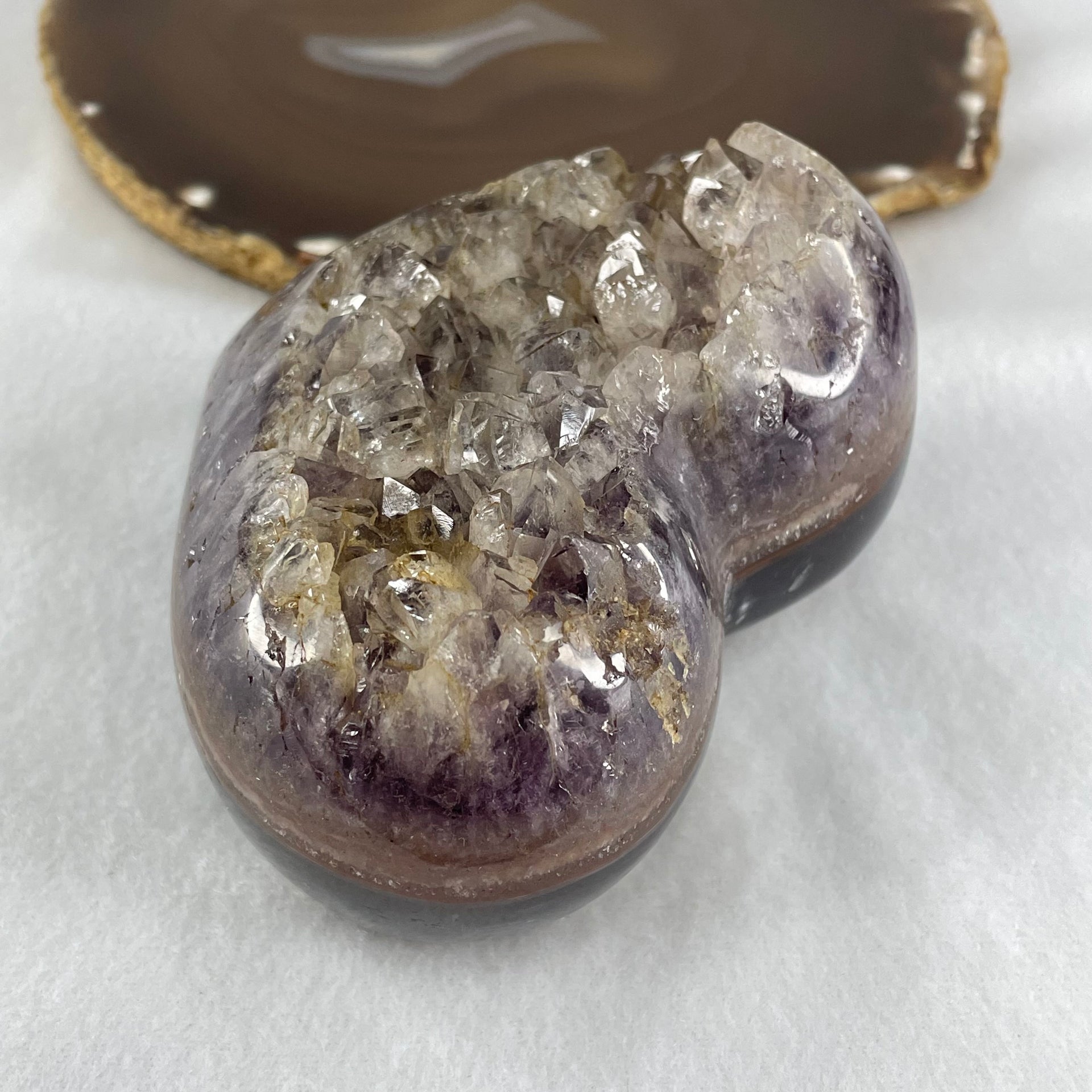 Natural Amethyst with White Milky Quartz Heart with Wooden Stand 744.9g 113.2 by 88.5 by 101.5mm - Huangs Jadeite and Jewelry Pte Ltd