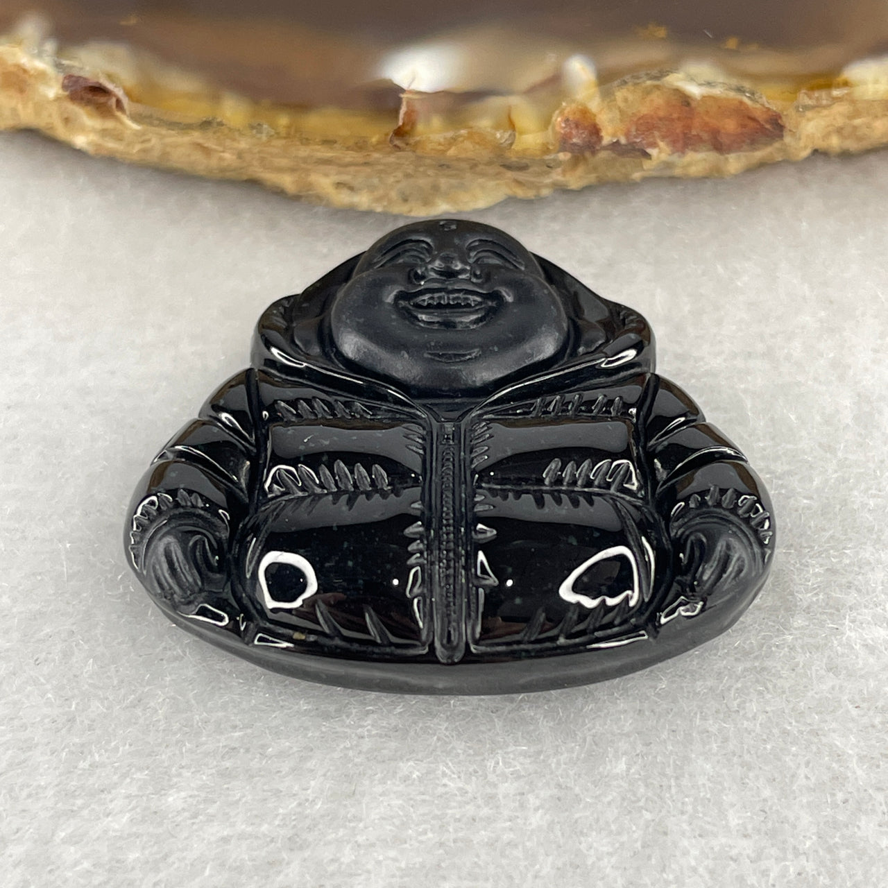Symbol of Luck, Wealth and Happiness - Certified Natural Type A Black Jadeite Milo Laughing Buddha Pendant with Jacket 15.74g 24.5 by 32.4 by 8.8mm