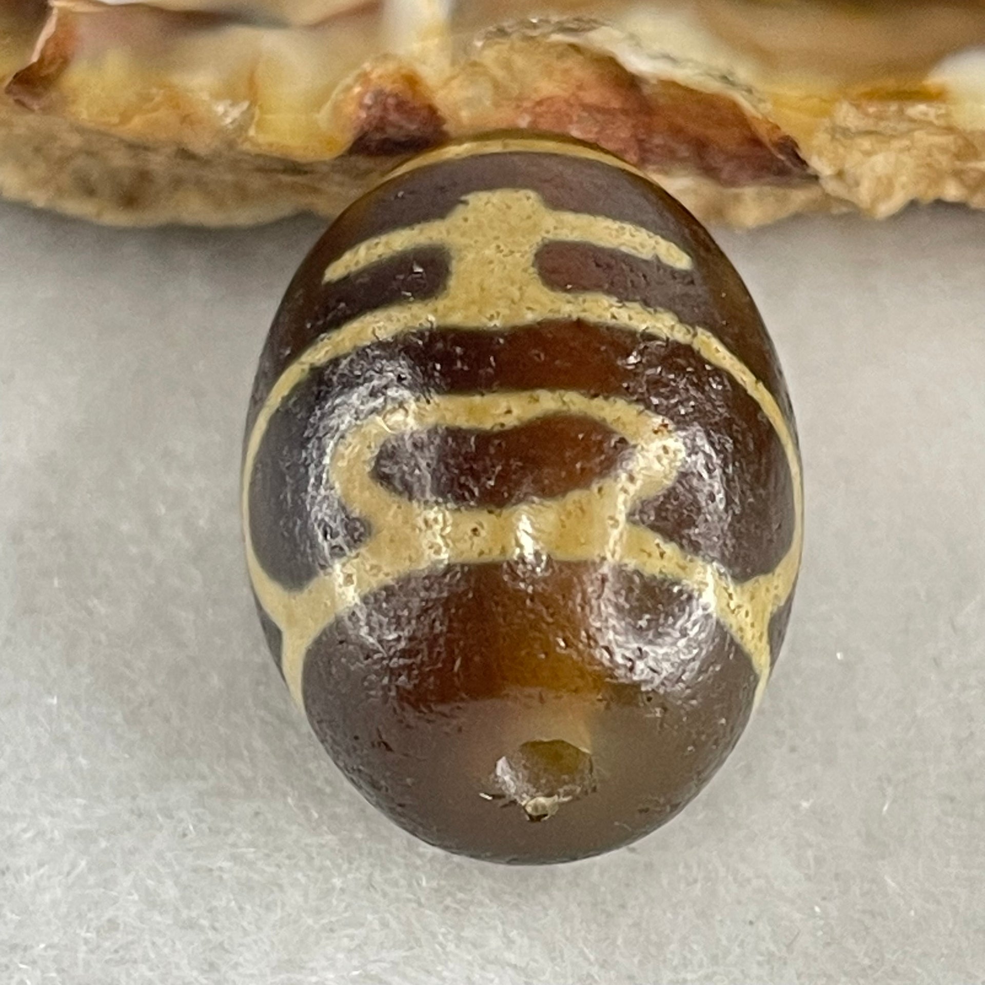 Natural Powerful Tibetan Old Oily Agate Double Nectar Vessel Dzi Bead Heavenly Master (Tian Zhu) 双花蜜容器眼天 6.08g 19.8 by 14.8mm - Huangs Jadeite and Jewelry Pte Ltd