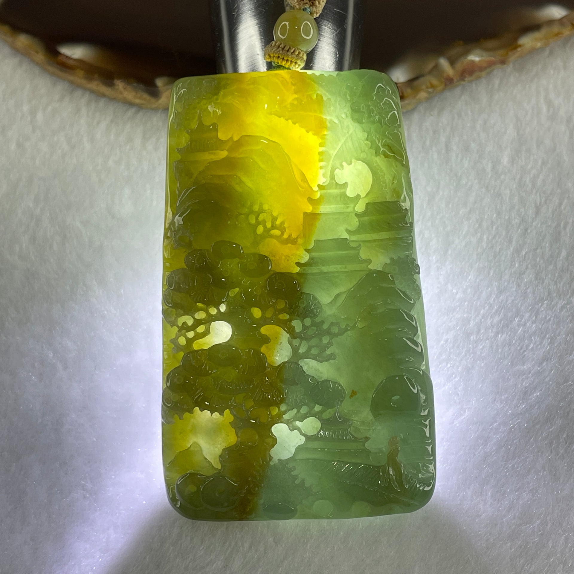Grand Master Type Green with Brownish Yellow Jadeite Shan Shui with Gui Ren with Dragon Pendant 62.97g 67.6 by 41.8 by 9.5mm - Huangs Jadeite and Jewelry Pte Ltd