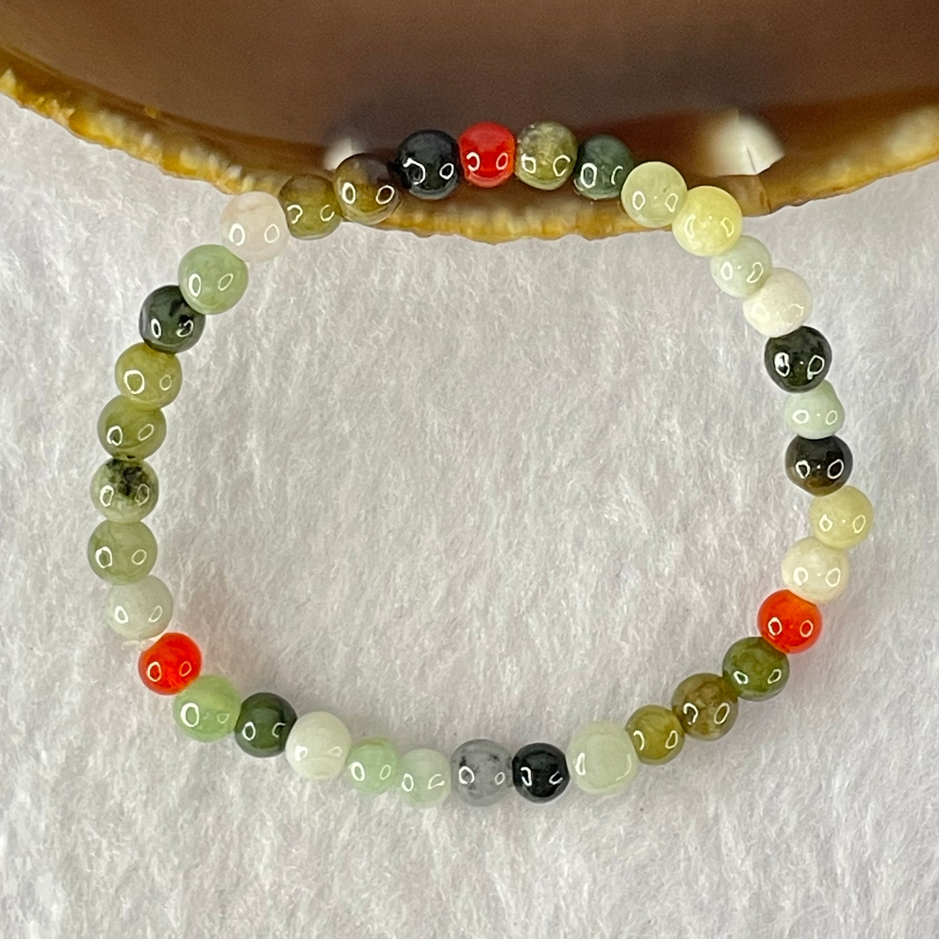 Type A Mixed Color Jadeite and Red Agate Beads Bracelet 6.18g 13.5cm 5.4mm 36 Beads - Huangs Jadeite and Jewelry Pte Ltd