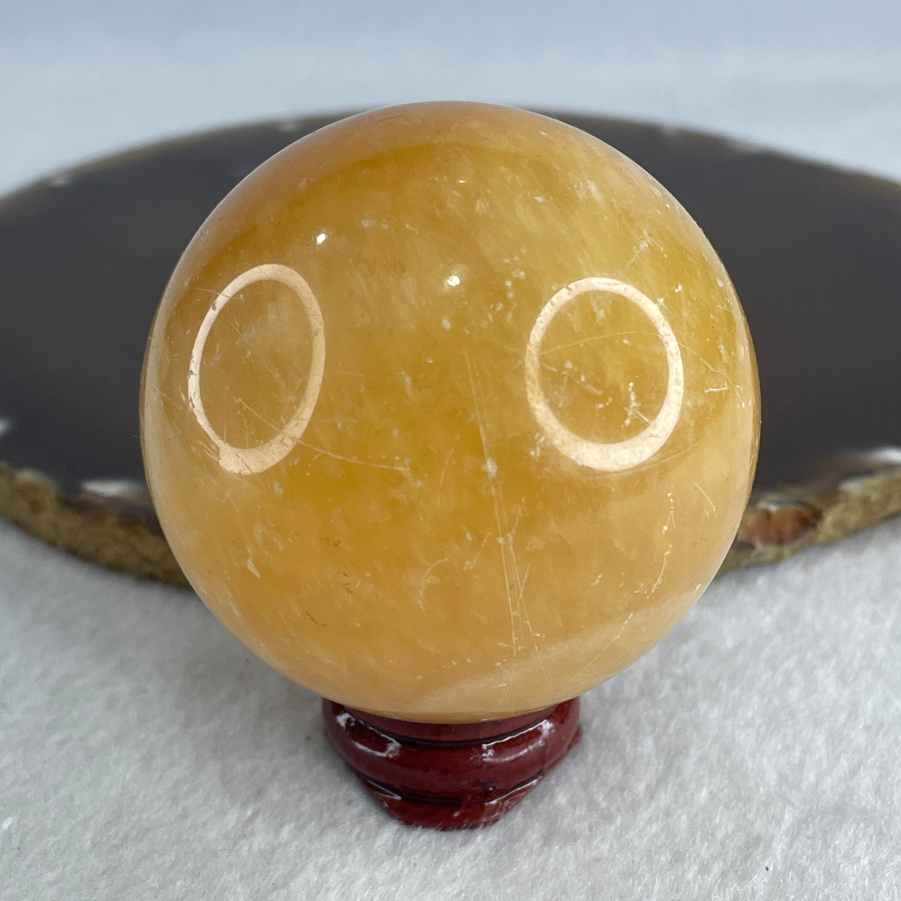 Natural Yellow Calcite Ball Display with Wooden Stand 238.96g 55.1 by 65.0mm - Huangs Jadeite and Jewelry Pte Ltd