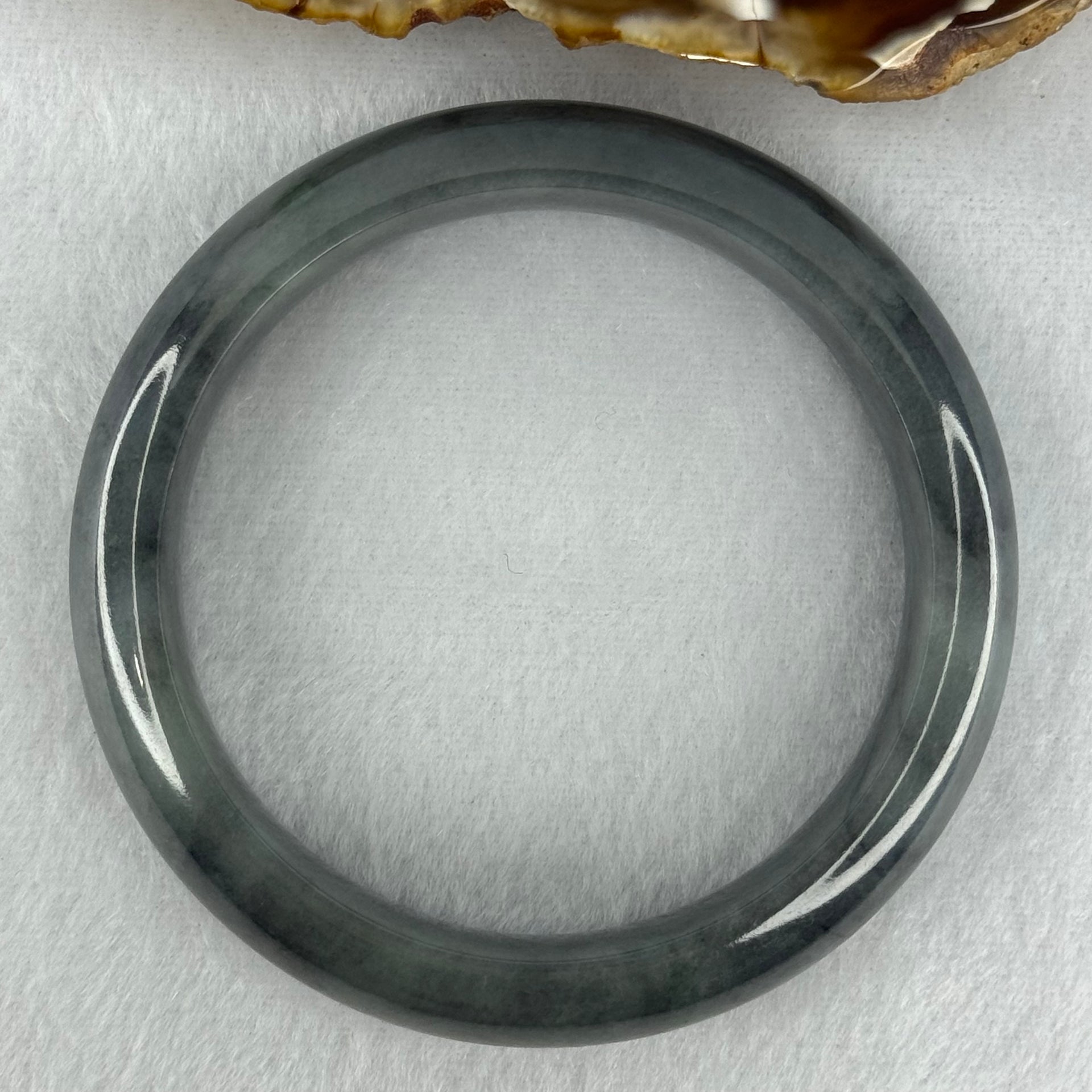 Type A Wuji Grey Black with Imperial Green Patch Jadeite Bangle Internal Diameter 57.0mm 66.25g 14.4 by 8.7mm (Internal Lines) - Huangs Jadeite and Jewelry Pte Ltd