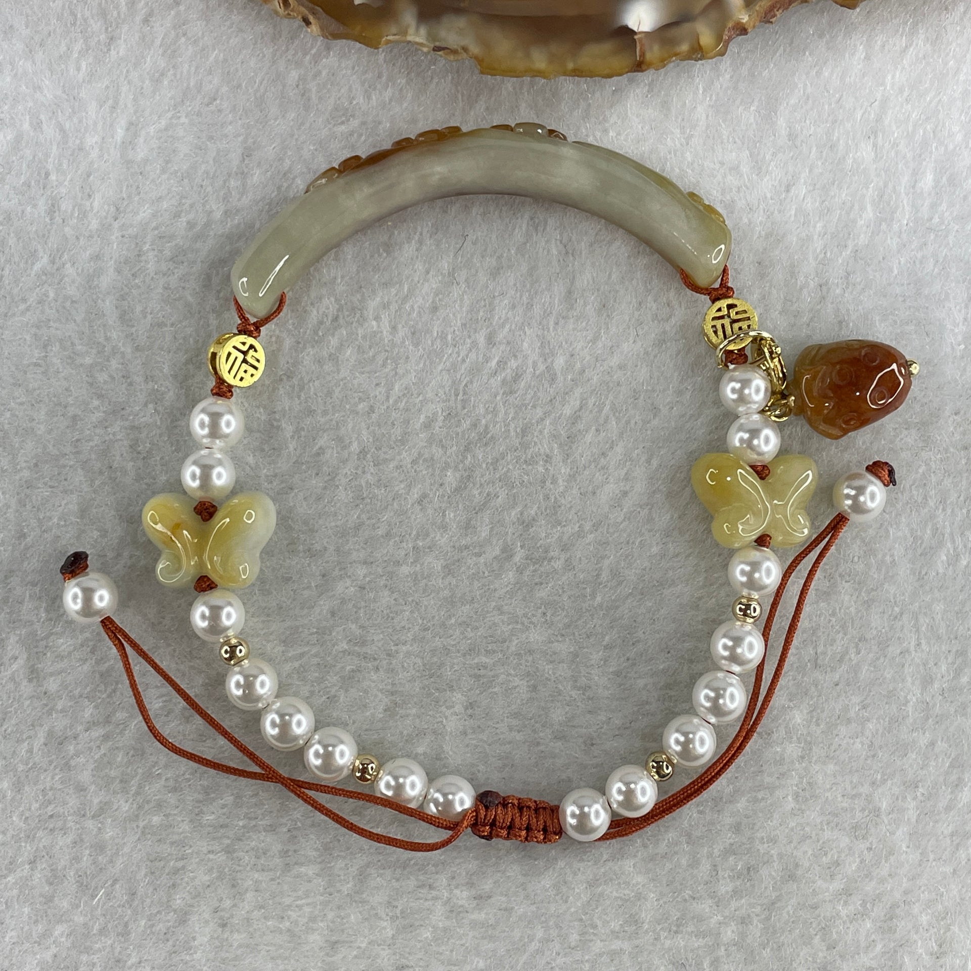 Natural Type A Brownish with Green Jadeite Flowers with Strawberry and Butterfly Charms Bracelet 14.88g 16cm 8.3 by 6.2mm - Huangs Jadeite and Jewelry Pte Ltd