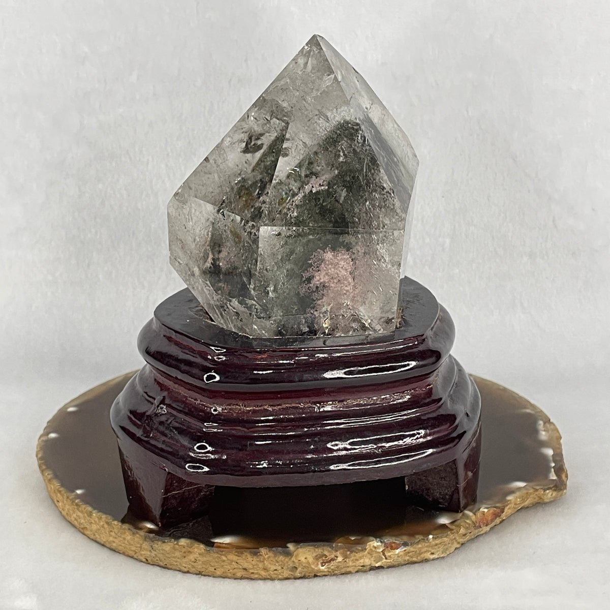 High Grade Natural Green Phantom Quartz Tower Display with Custom Wooden Stand | (648.0g | 112.0x102.0x117.0mm | Synergy, Executive Breakthrough Shield, Career Wealth Magnet & Life Growth Obelisk)