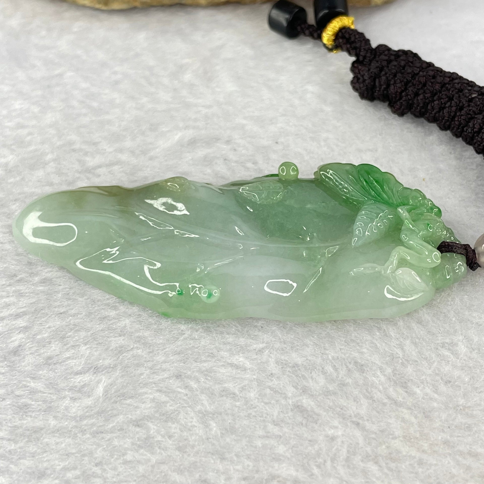 Type A Light Green with Green Jadeite Bee on Leaf Pendent 22.23g 67.2 by 27.8 by 7.0mm - Huangs Jadeite and Jewelry Pte Ltd