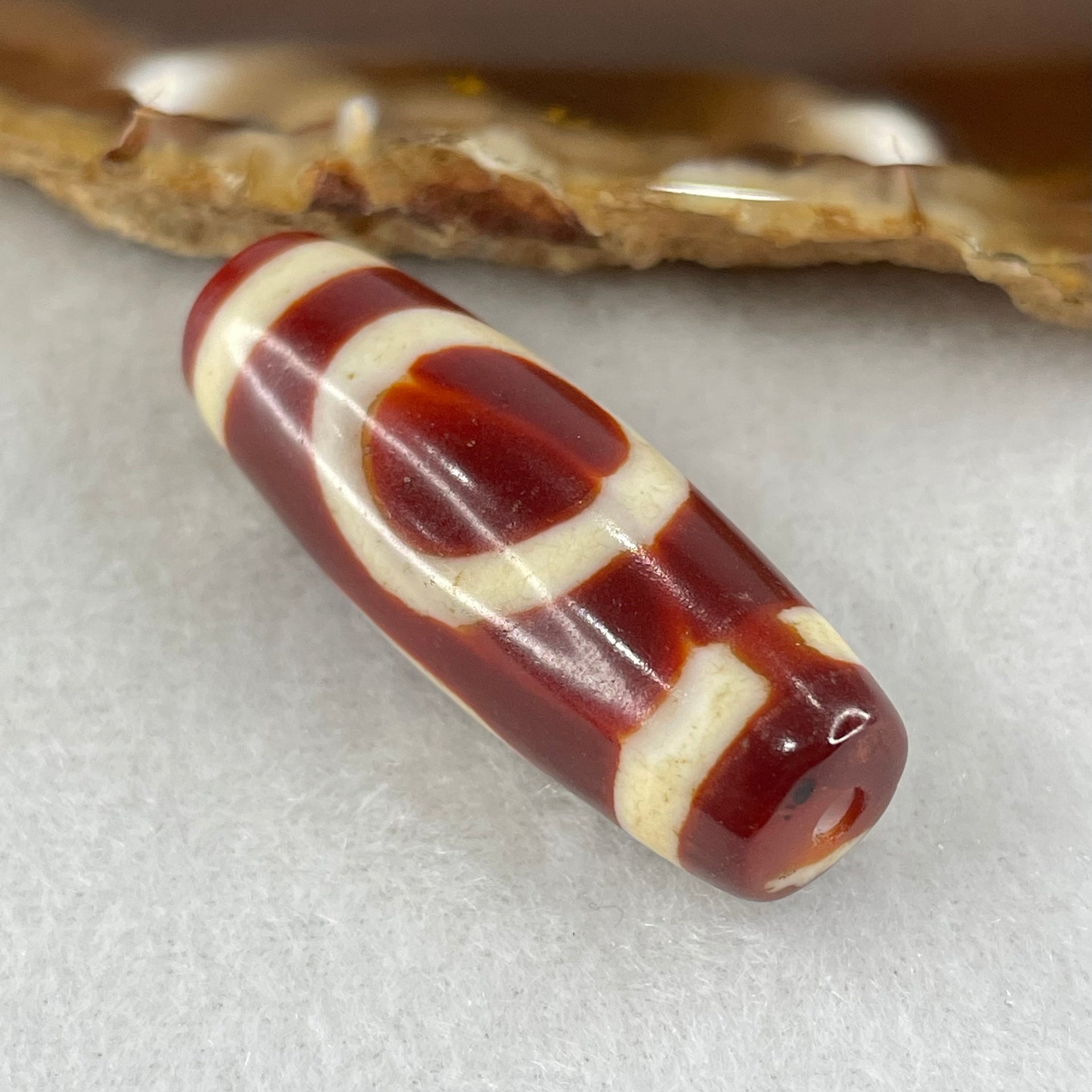 Natural Powerful Tibetan Old Oily Red White Agate One Eye Fire Sign Dzi Bead Heavenly Master (Tian Zhu) 一眼火天珠 10.70g 37.4 by 13.4mm - Huangs Jadeite and Jewelry Pte Ltd
