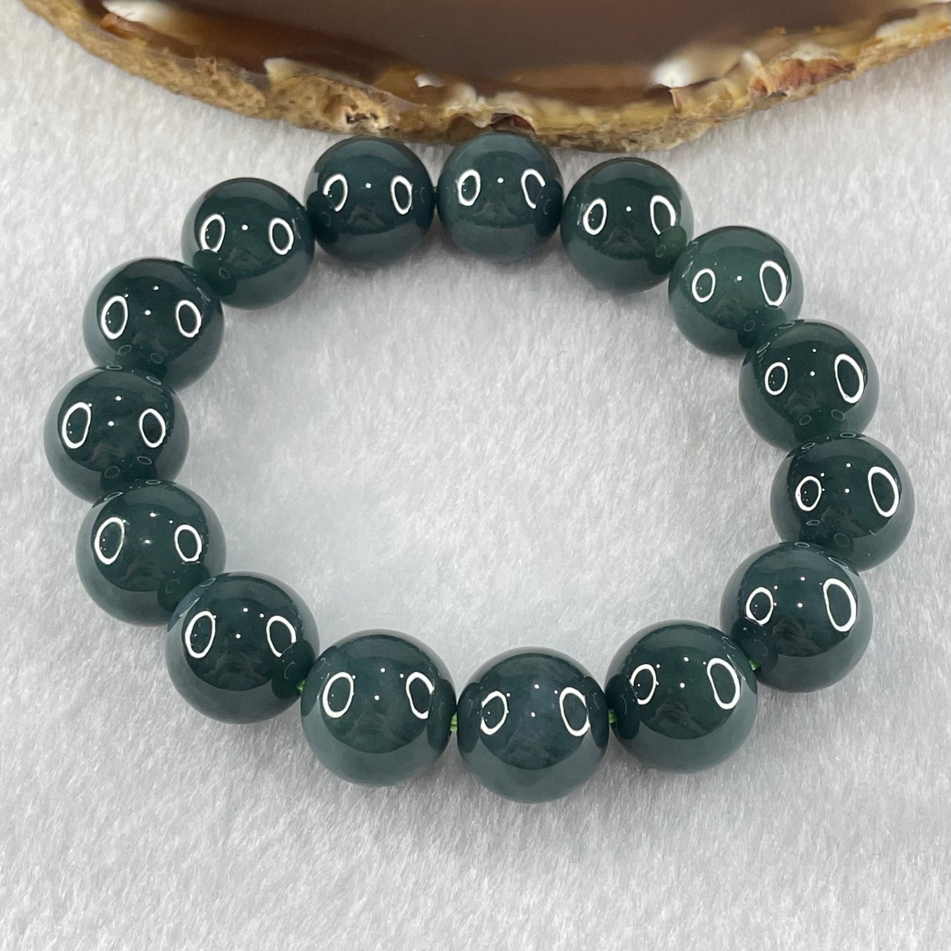 Type A Old Mine Dark Blueish Green Jadeite Beads Bracelet 69.38g 16.5cm 14.0mm 15 Beads - Huangs Jadeite and Jewelry Pte Ltd