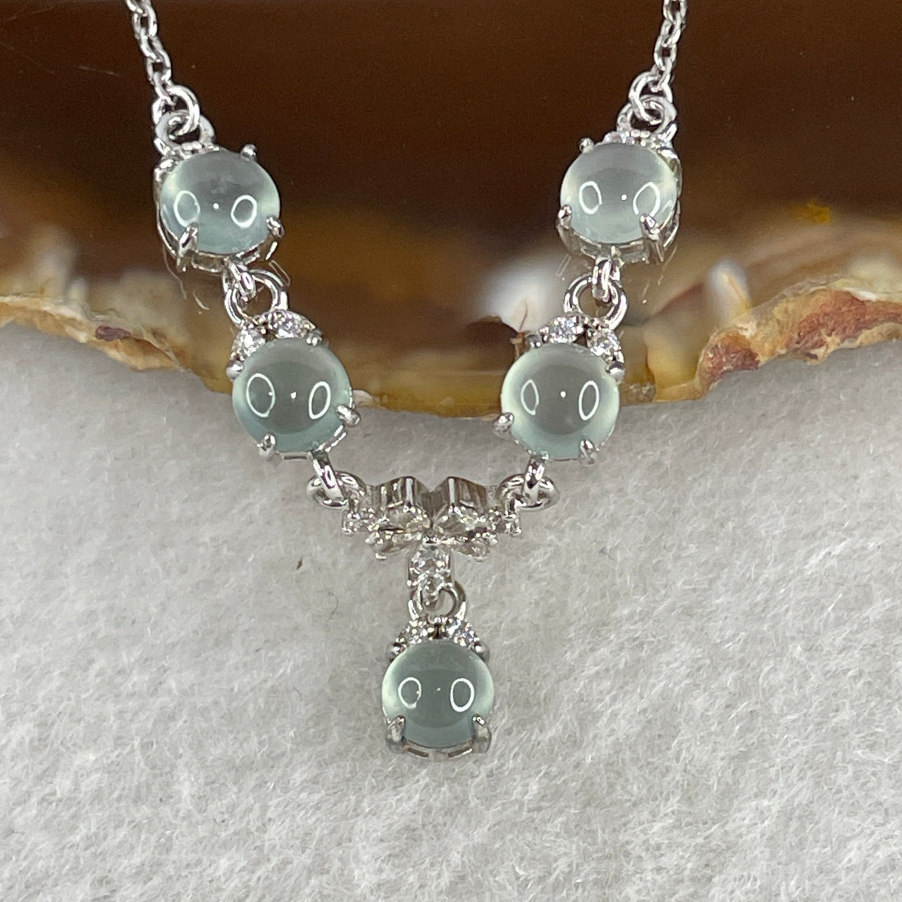 Certified Natural Type A Icy Blueish Green Jadeite Cabochon Bar Necklace | S925 Sterling Silver Setting | Authentic Myanmar Feicui Elegance (5 Pcs 5.0x2.0mm | 36-44cm | 3.93g)