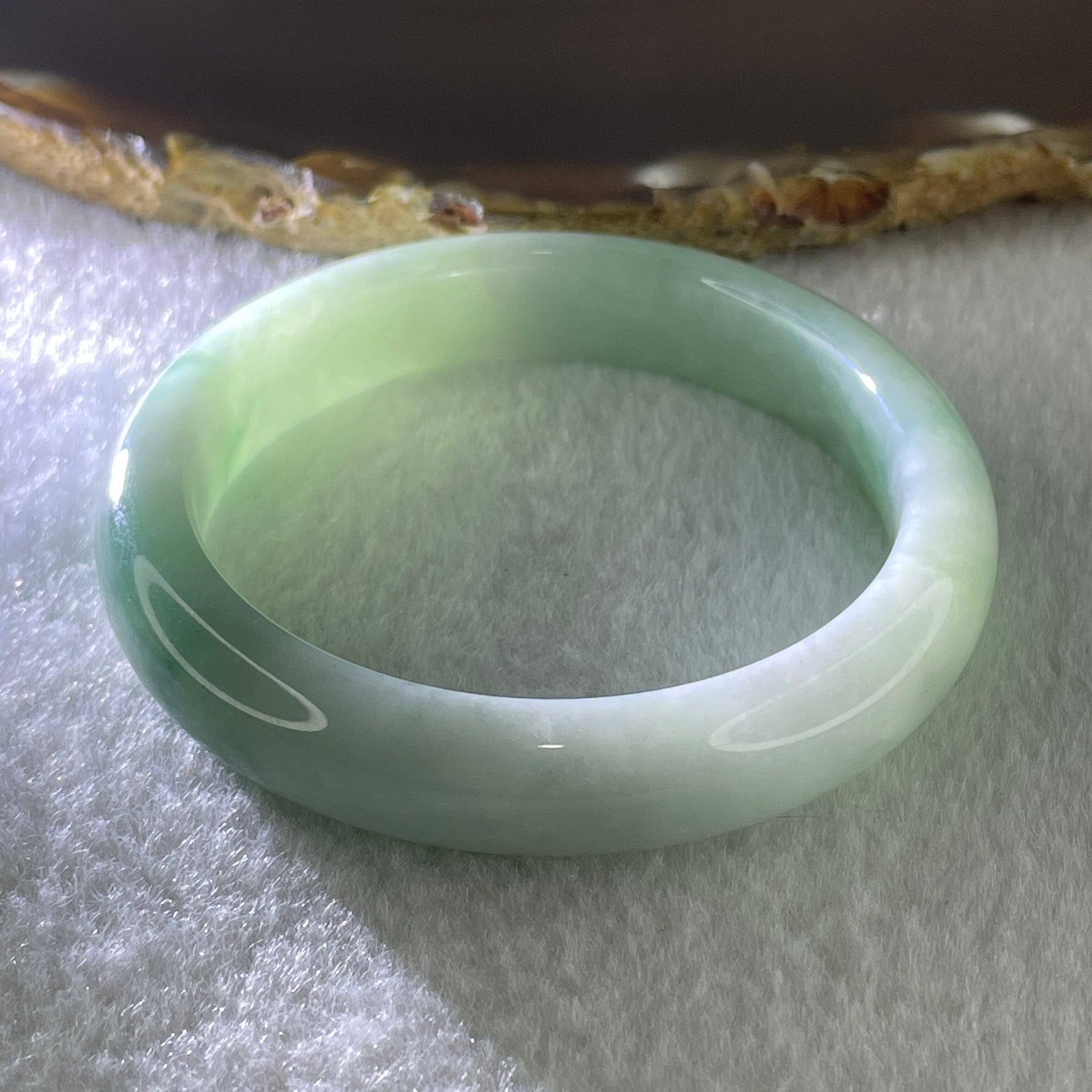 Type A Natural Light Green with Blueish Green Flora Piao Hua Jadeite Bangle 43.45g Inner Diameter 51.9mm 11.2 by 7.6mm (Very Very Slight Internal Lines) - Huangs Jadeite and Jewelry Pte Ltd