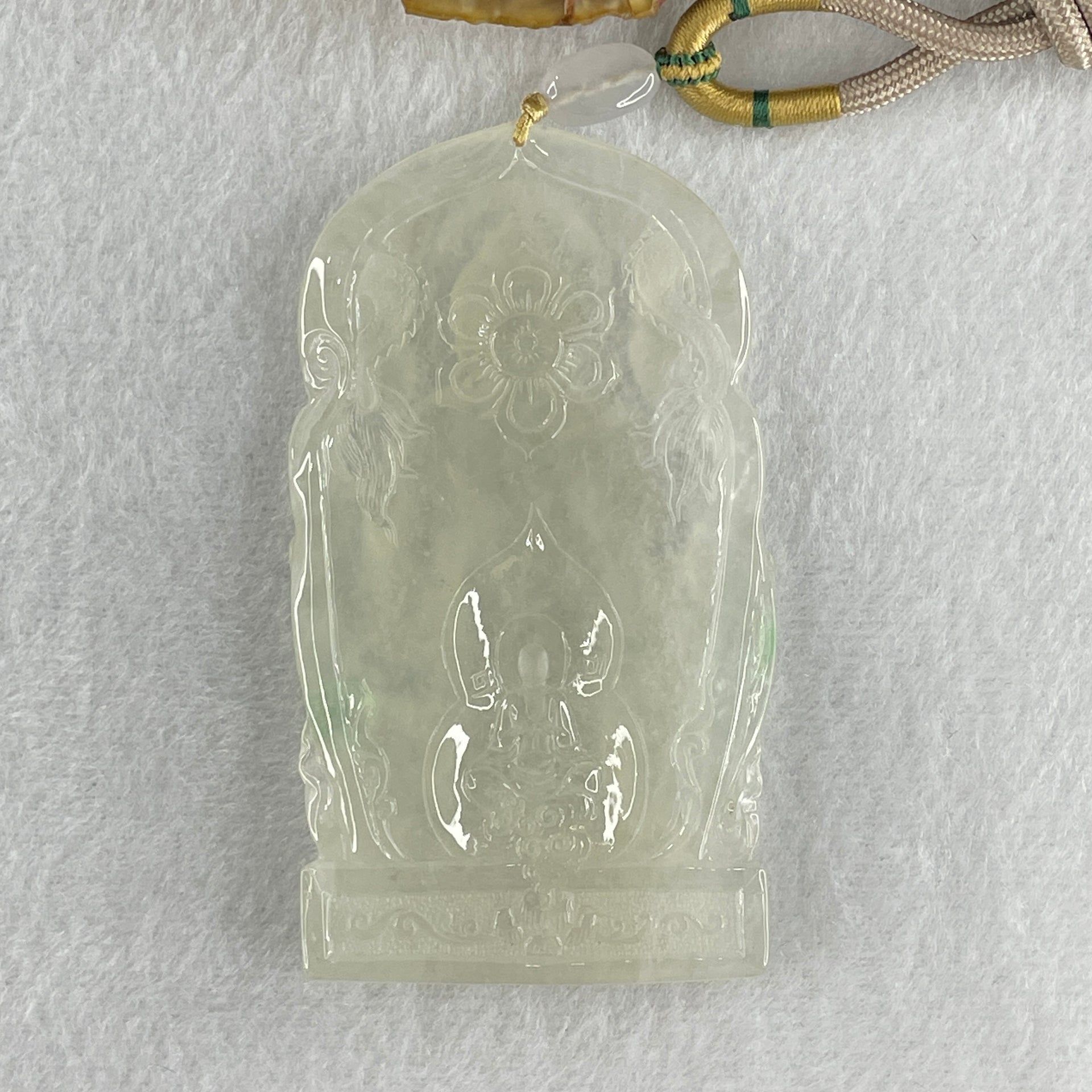 Rare Type A Icy White to Colorless with Green Spot Jadeite Amitabha Buddha with Buddha Double Side and Double Dragon and Elephants Pendant 68.88g 80.5 by 46.3 by 7.9mm - Huangs Jadeite and Jewelry Pte Ltd