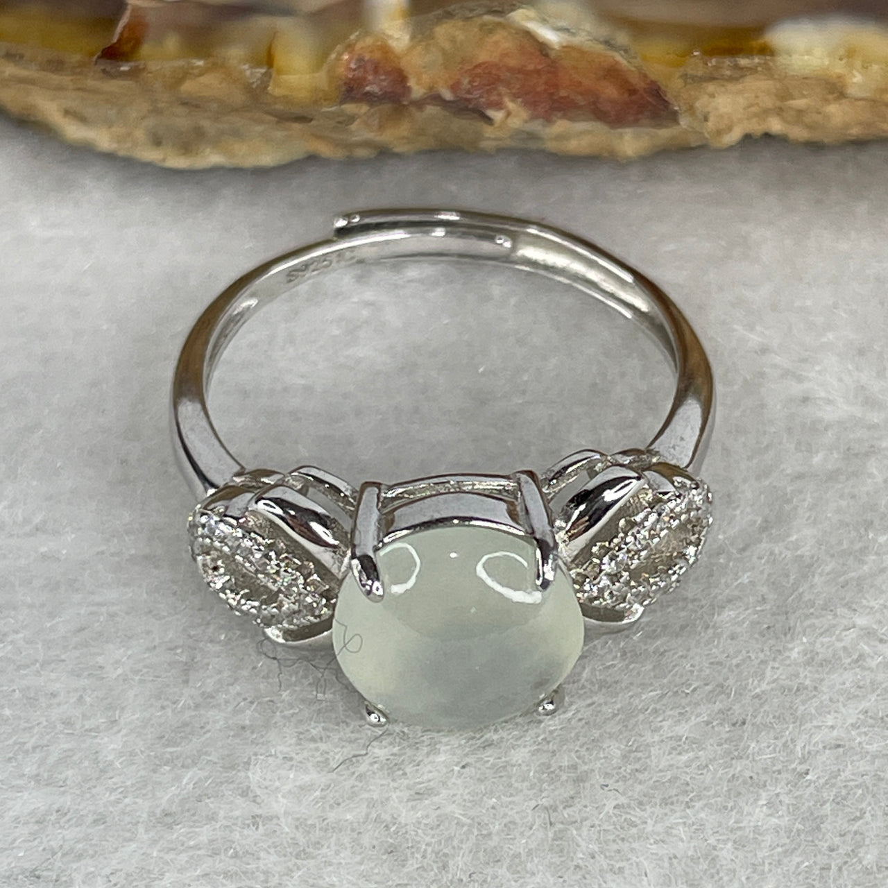 Type A Icy Pure White Jadeite Cabochon Ring | Liquid-Glass Translucent Cushion Orb | Solid S925 Sterling Silver Setting | Smart Adjustable Sizing (2.70g 9.5x8.6x3.5mm)