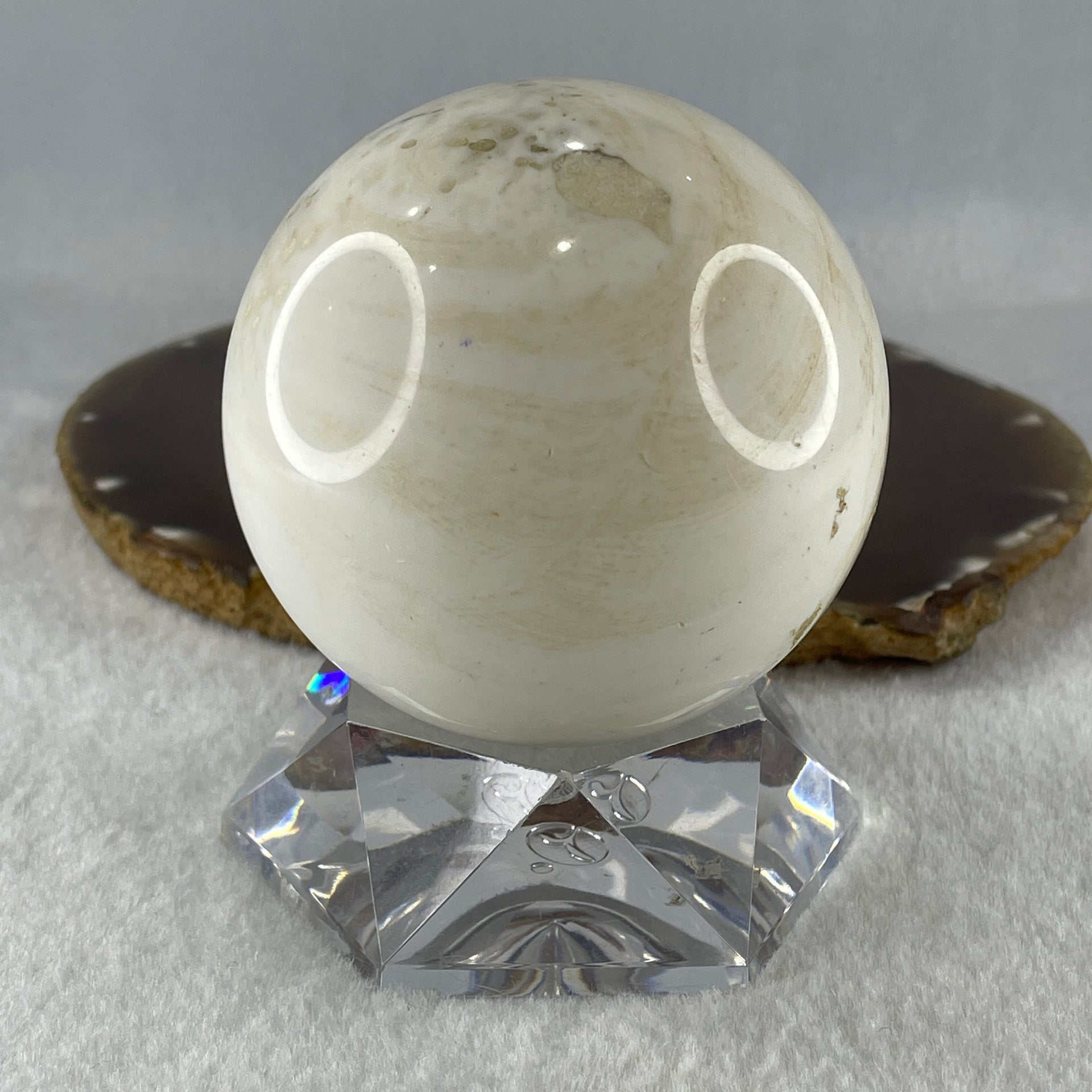 Natural White with Yellow Calcite Sphere Ball with Acrylic Display 578.5g 71.4 by 86.5mm - Huangs Jadeite and Jewelry Pte Ltd