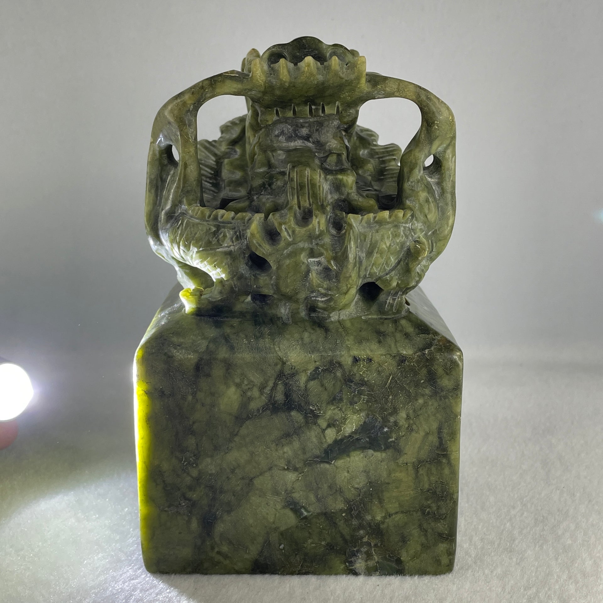 Natural Green Serpentine Dragon Seal Display 2,301.4g 92.5 by 91.5 by 145.0mm - Huangs Jadeite and Jewelry Pte Ltd