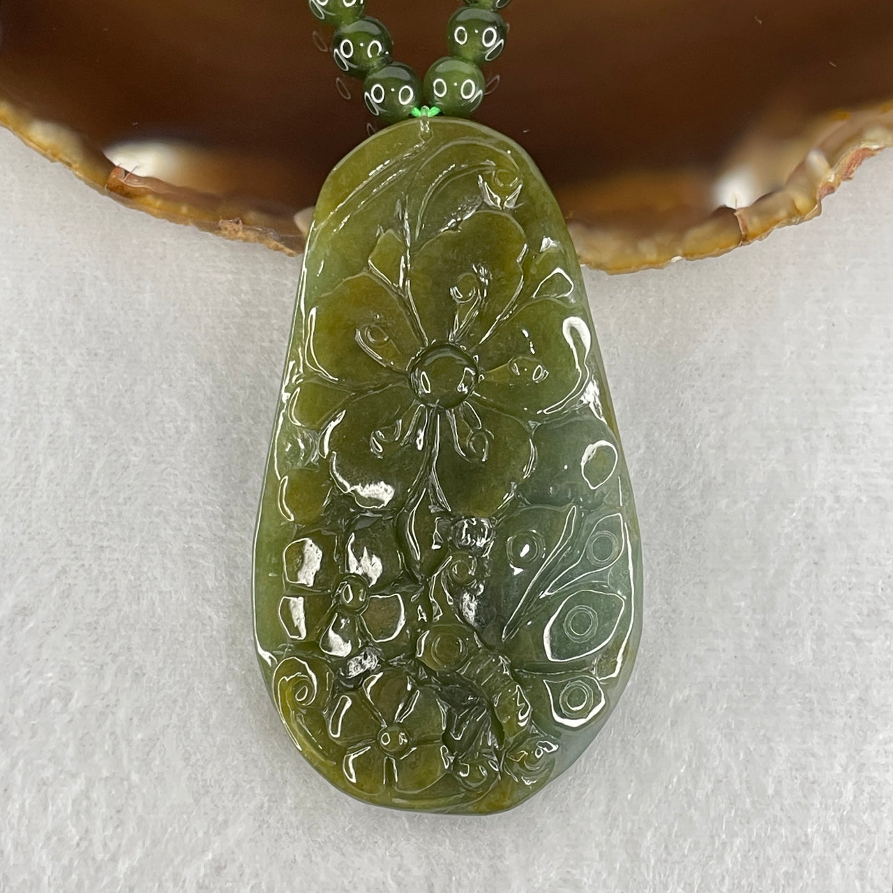 Natural Type A Jadeite Butterfly with Flower Pendant Necklace | Hand-Carved Blueish Green & Yellowish Fei Cui Plaque with 6.0mm 110 Beads Strand (74.88g | 62cm | 66.8 x 37.7 x 9.0mm)