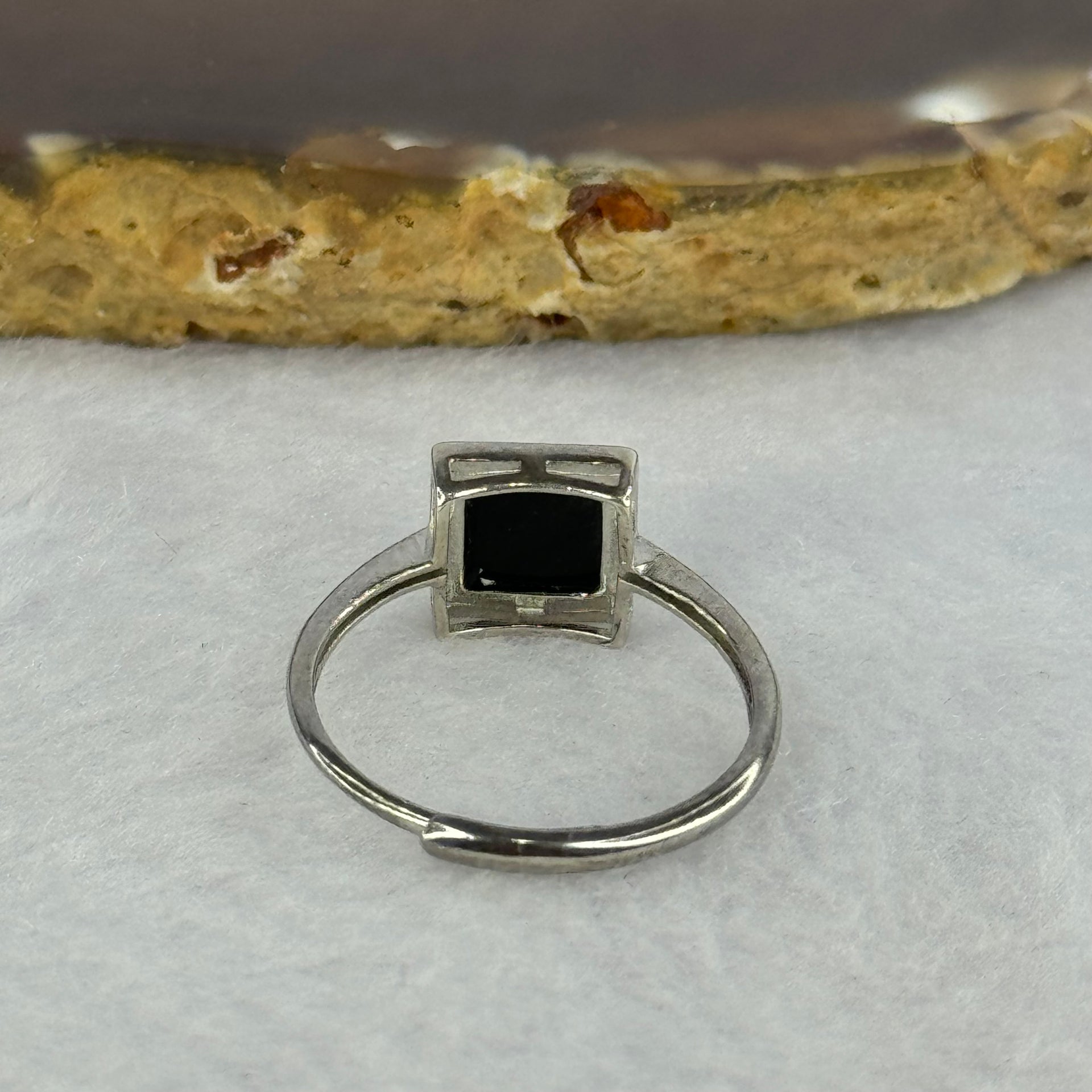 Type A Translucent Black Omphasite Jadeite Square Shaped in S925 Sliver Ring (Adjustable Size) 1.50g 7.5 by 7.5 by 1.5mm - Huangs Jadeite and Jewelry Pte Ltd