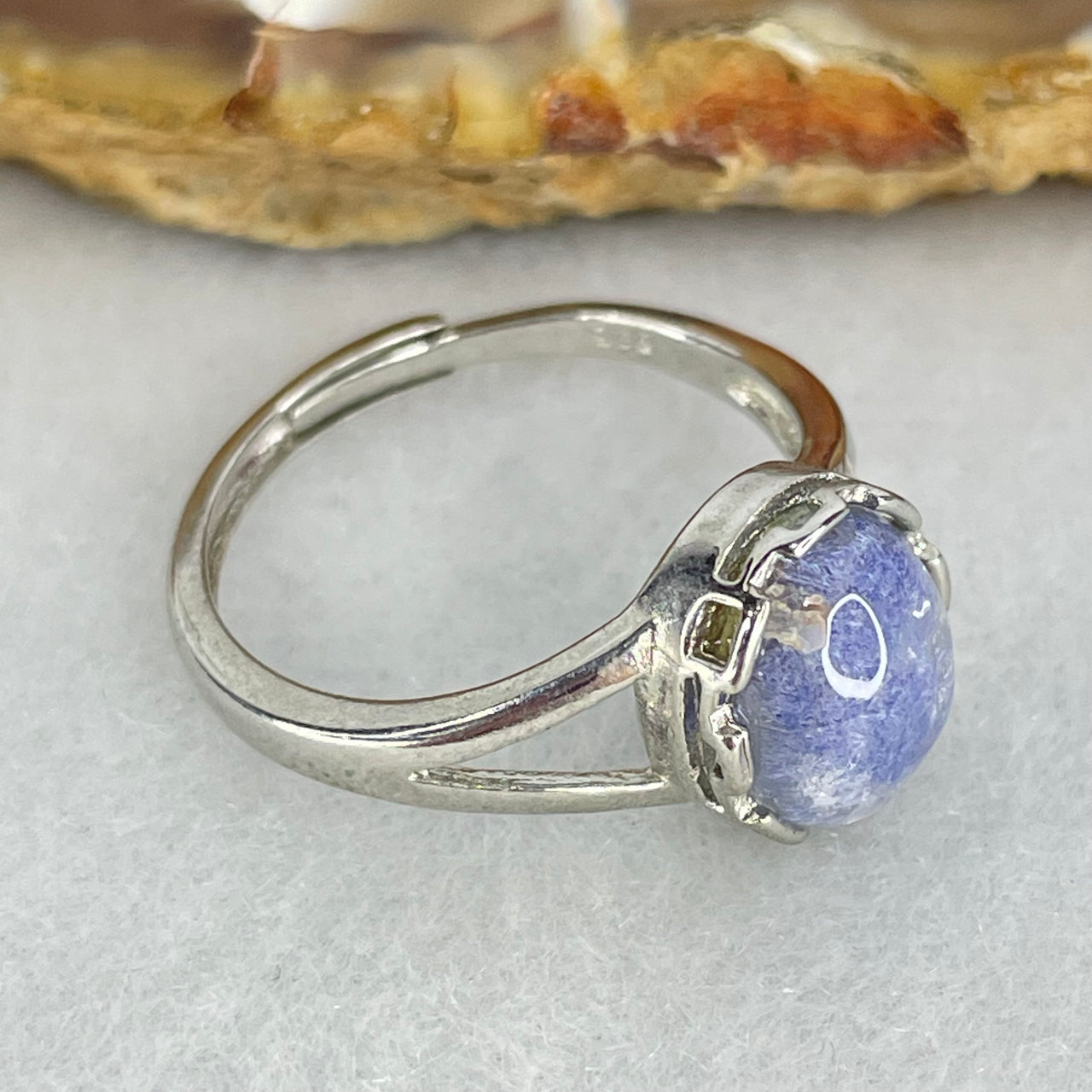 Rare Good Grade Natural Blue Dumortierite Rutilated Quartz in S925 Sliver Ring (Adjustable Size) 1.95g 8.7 by 7.6 by 4.5mm - Huangs Jadeite and Jewelry Pte Ltd