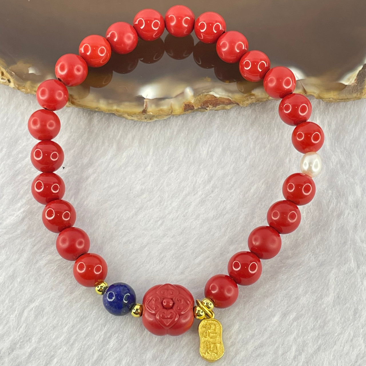 Natural Red Cinnabar Beads with Lapis Lazuli and Pearl Bracelet 18.90g 16cm 10.4 by 8.9mm 7.2mm 23 Beads - Huangs Jadeite and Jewelry Pte Ltd
