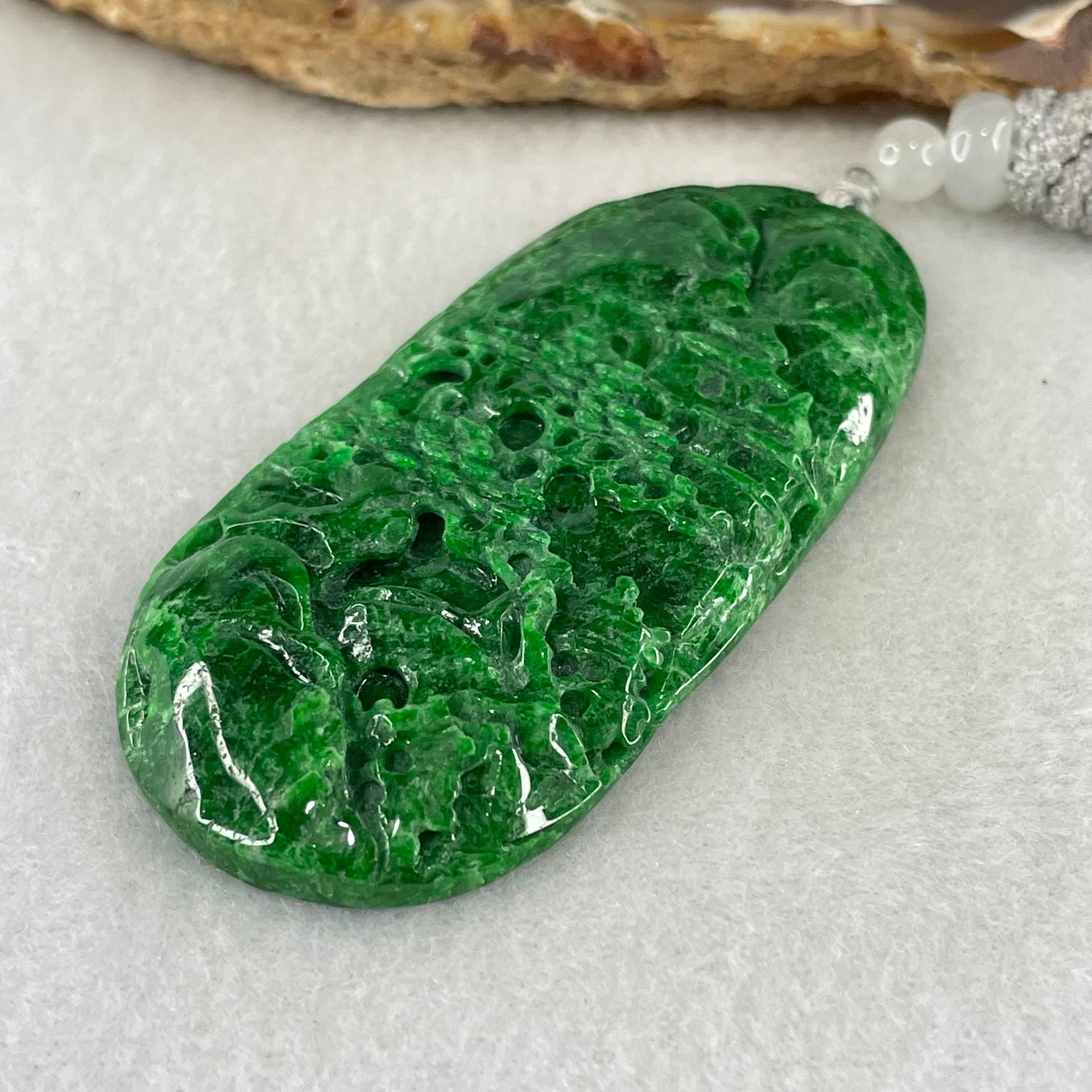 Type A Lao Keng Old Mine Full Spicy Green Jadeite Shan Shui with Guiren Benefactor Pendant 27.27g 63.1 by 29.9 by 6.8mm - Huangs Jadeite and Jewelry Pte Ltd