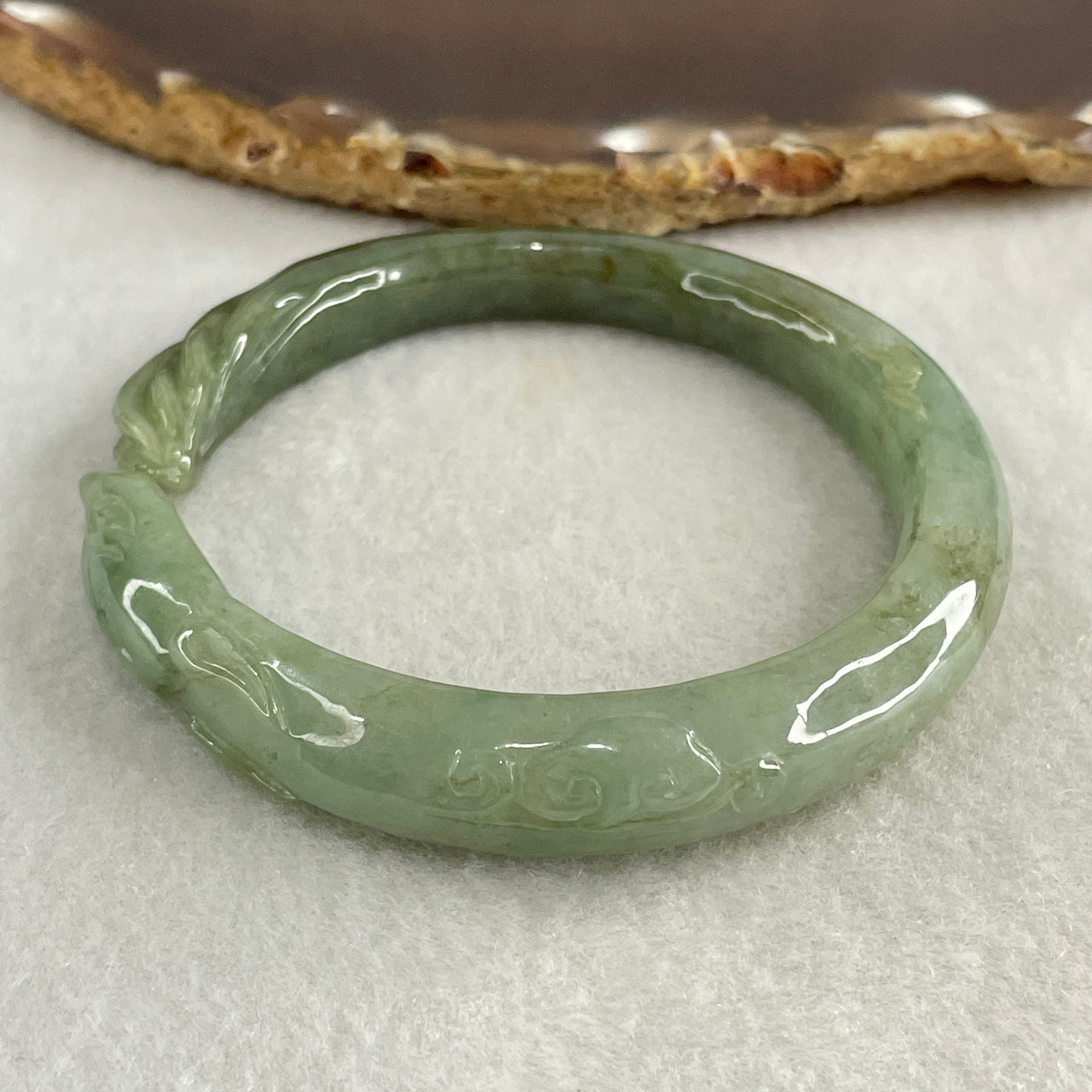 Type A Green with Dark Green Piao Hua Jadeite 9 Tail Fox Bangle Internal Diameter 55.6mm 41.22g 12.5 by 8.4mm (Internal Lines) - Huangs Jadeite and Jewelry Pte Ltd
