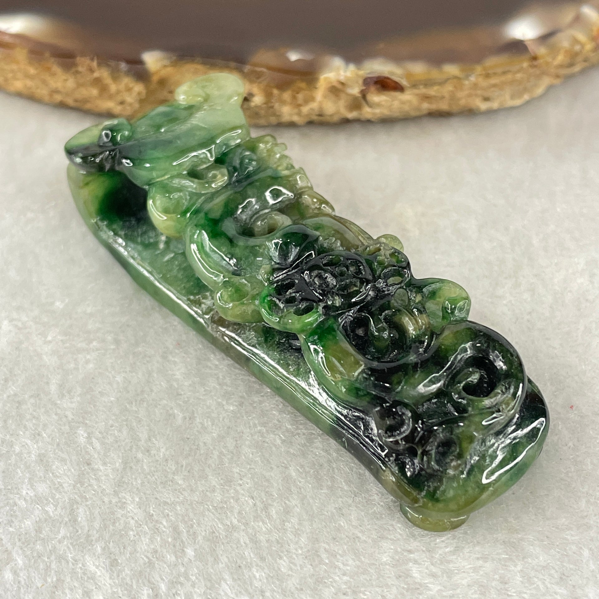 Antique Natural Type A Old Mine Spicy Green with Dark Green Patches Jadeite Dragon Coins with Ruyi Pendant 26.94g 57.8 by 21.2 by 14.7mm - Huangs Jadeite and Jewelry Pte Ltd