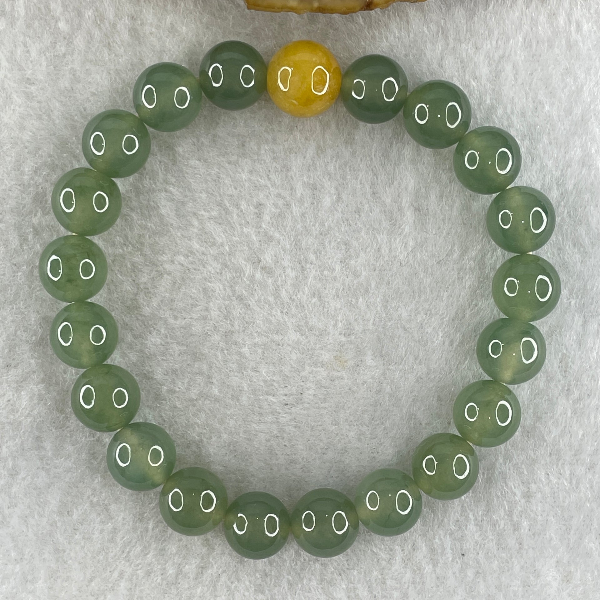 Tye A Natural Jelly Semi Icy Green with Yellow Jadeite Beads Bracelet 24.58g 15cm 88.8mm 20 Beads 9.8mm-yellow bead - Huangs Jadeite and Jewelry Pte Ltd