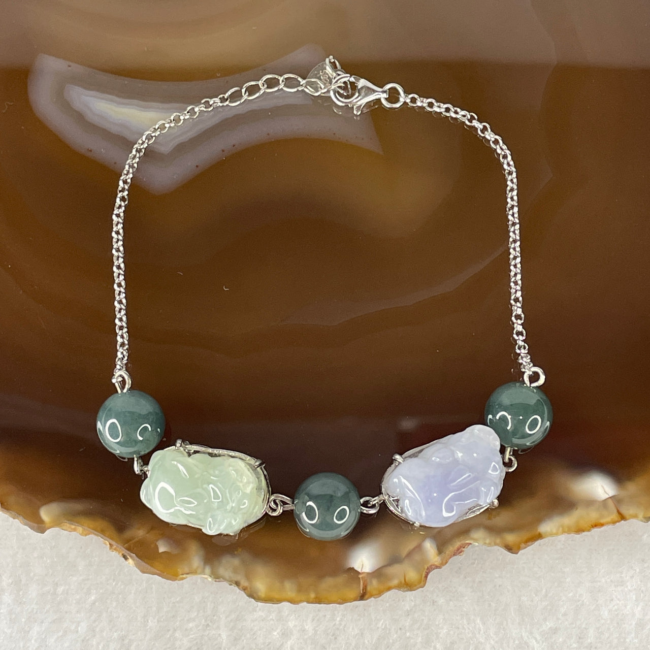 Natural Type A Multicolor Jadeite Pixiu Bracelet | Lavender & Light Green Wealth Guardian with Blueish Green Beads Adjustable 13-17cm Luxury Talisman (10.41g 15.7x9.7x6.8mm, 8.9mm 3 Beads)