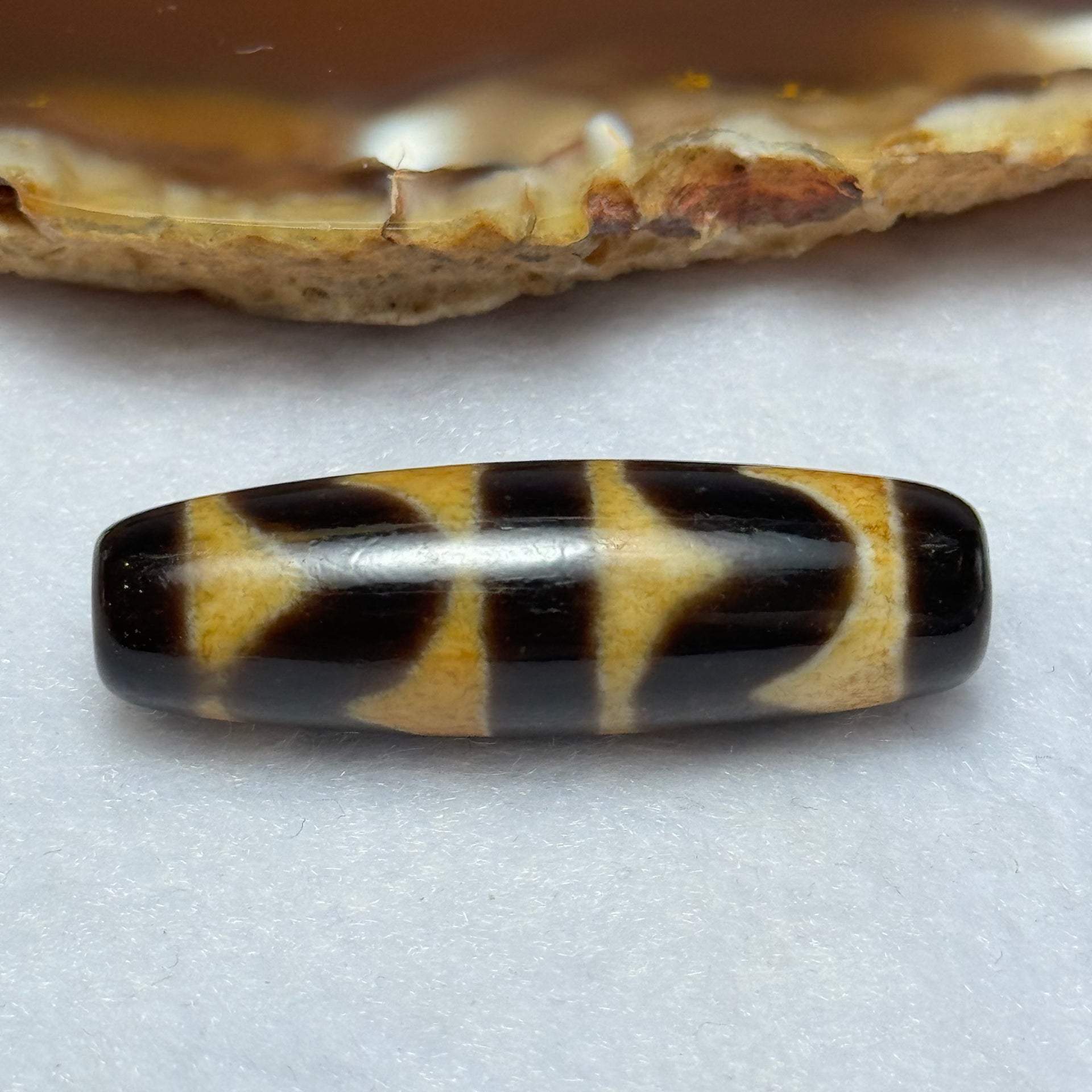 Natural Powerful Tibetan Old Oily Agate Double Tiger Tooth Daluo Dzi Bead Heavenly Master (Tian Zhu) 虎呀天诛 7.82g 37.7 by 11.7mm - Huangs Jadeite and Jewelry Pte Ltd
