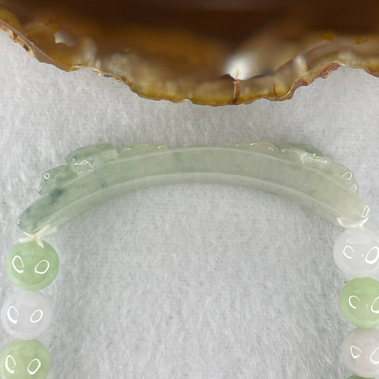 Natural Type A Semi-Icy Light Green Jadeite Lotus Flower 5.12x12.2x9.3mm Bracelet | 7.6mm Round Pastel Mint & Lavender Jade Bead Harmony Strand (20 Beads)