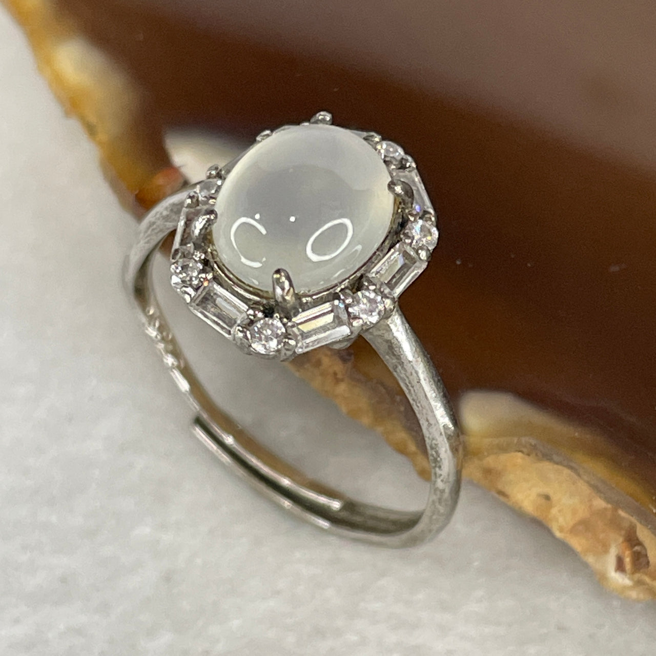 Natural Type A Colorless Jadeite Cabochon Ring | S925 Sterling Silver Oval Gemstone Ring (Adjustable Size, 2.05g)