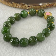 Natural Green Nephrite Beads with Gold Color Charm Bracelet 36.94g 11.4mm 15 Beads - Huangs Jadeite and Jewelry Pte Ltd