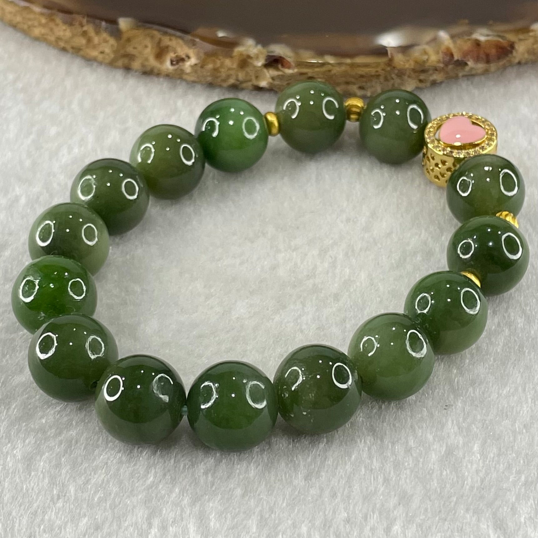 Natural Green Nephrite Beads with Gold Color Charm Bracelet 36.94g 11.4mm 15 Beads - Huangs Jadeite and Jewelry Pte Ltd