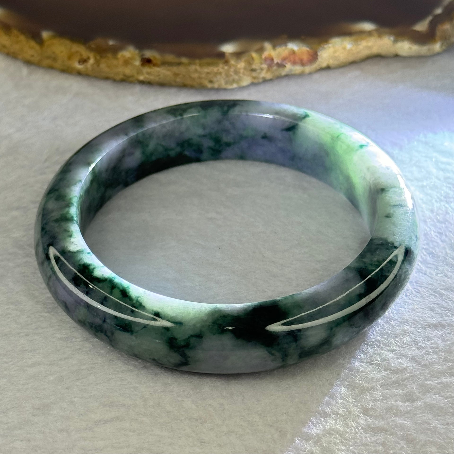 Type A Deep Lavender and Dark Green Piao Hua Jadeite Bangle 69.66g Internal Diameter 57.8mm 13.4 by 9.2mm (Very Slight External Rough) - Huangs Jadeite and Jewelry Pte Ltd
