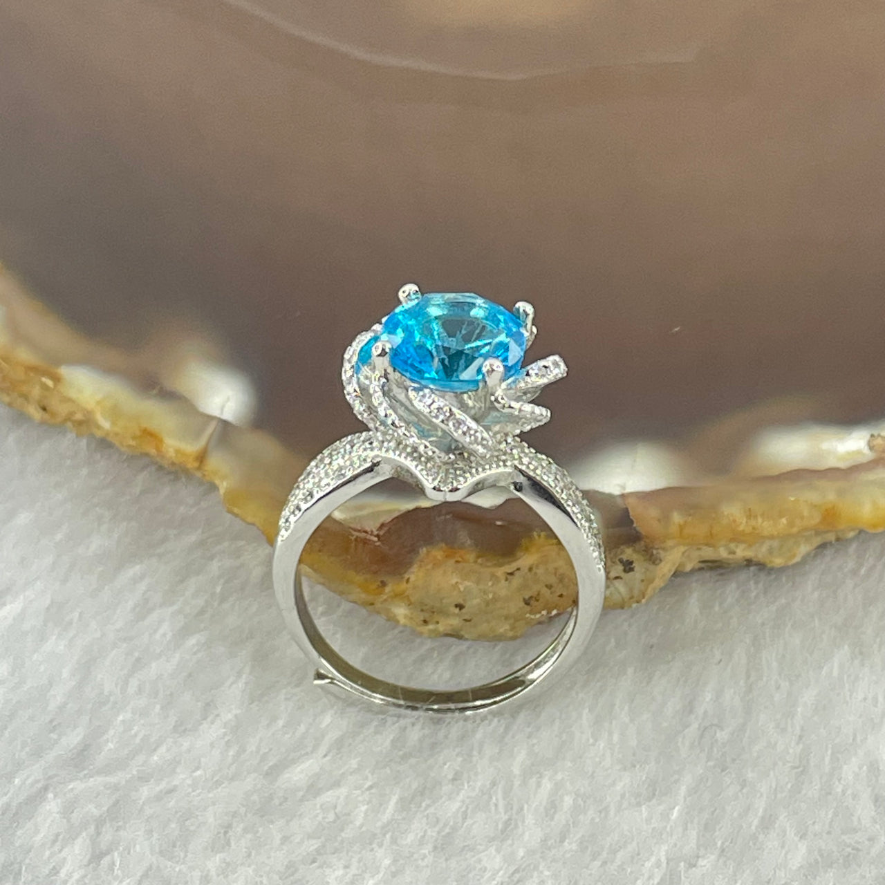 2.0ct Blue Cubic Zirconia 7.9 by 3.2mm with Crystals In PT Plated Sliver Ring 3.70g - Huangs Jadeite and Jewelry Pte Ltd