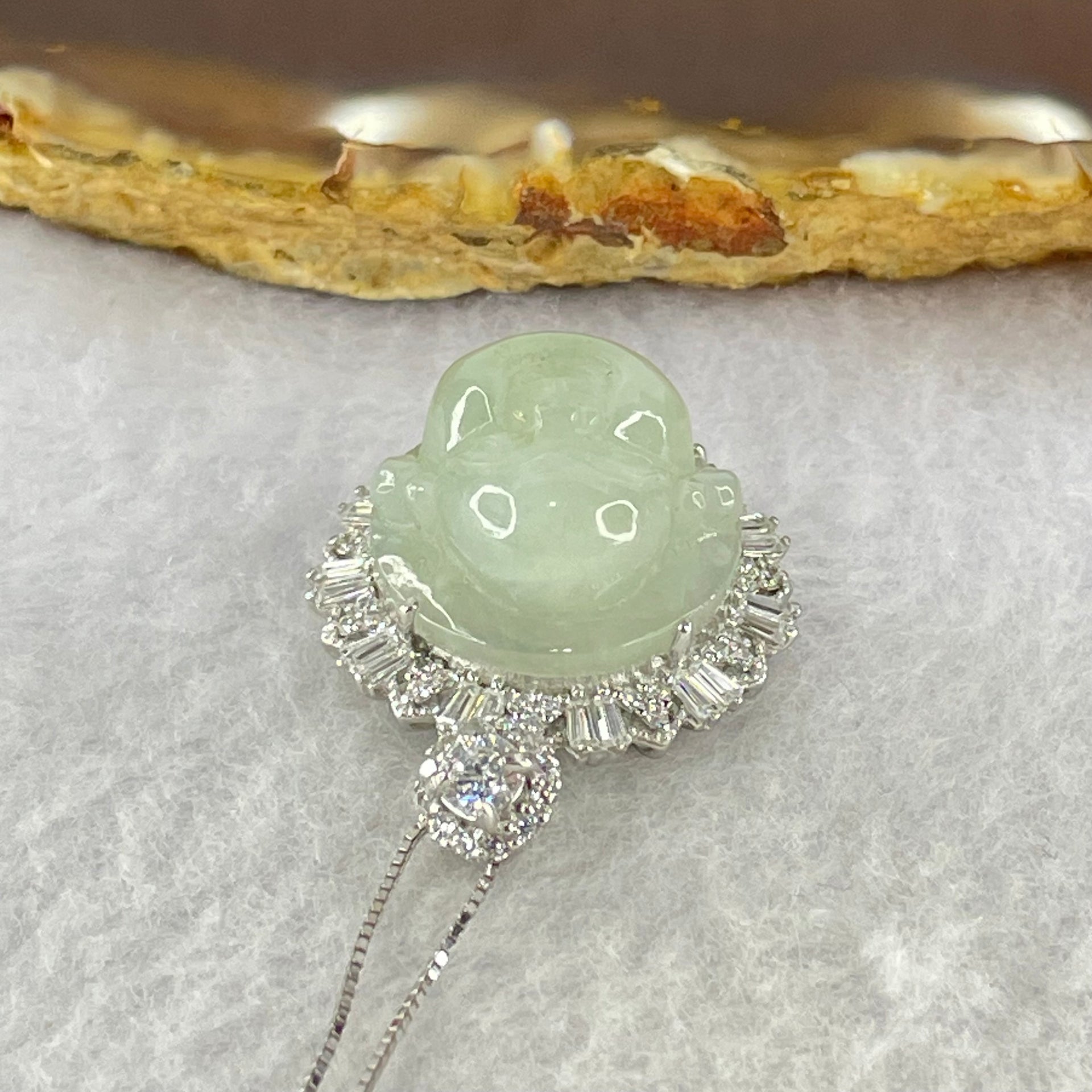 Type A Faint Green Milo Buddha with Crystals in S925 Sliver Pendant and Necklace 7.61g 16.2 by 16.2 by 8.5mm - Huangs Jadeite and Jewelry Pte Ltd
