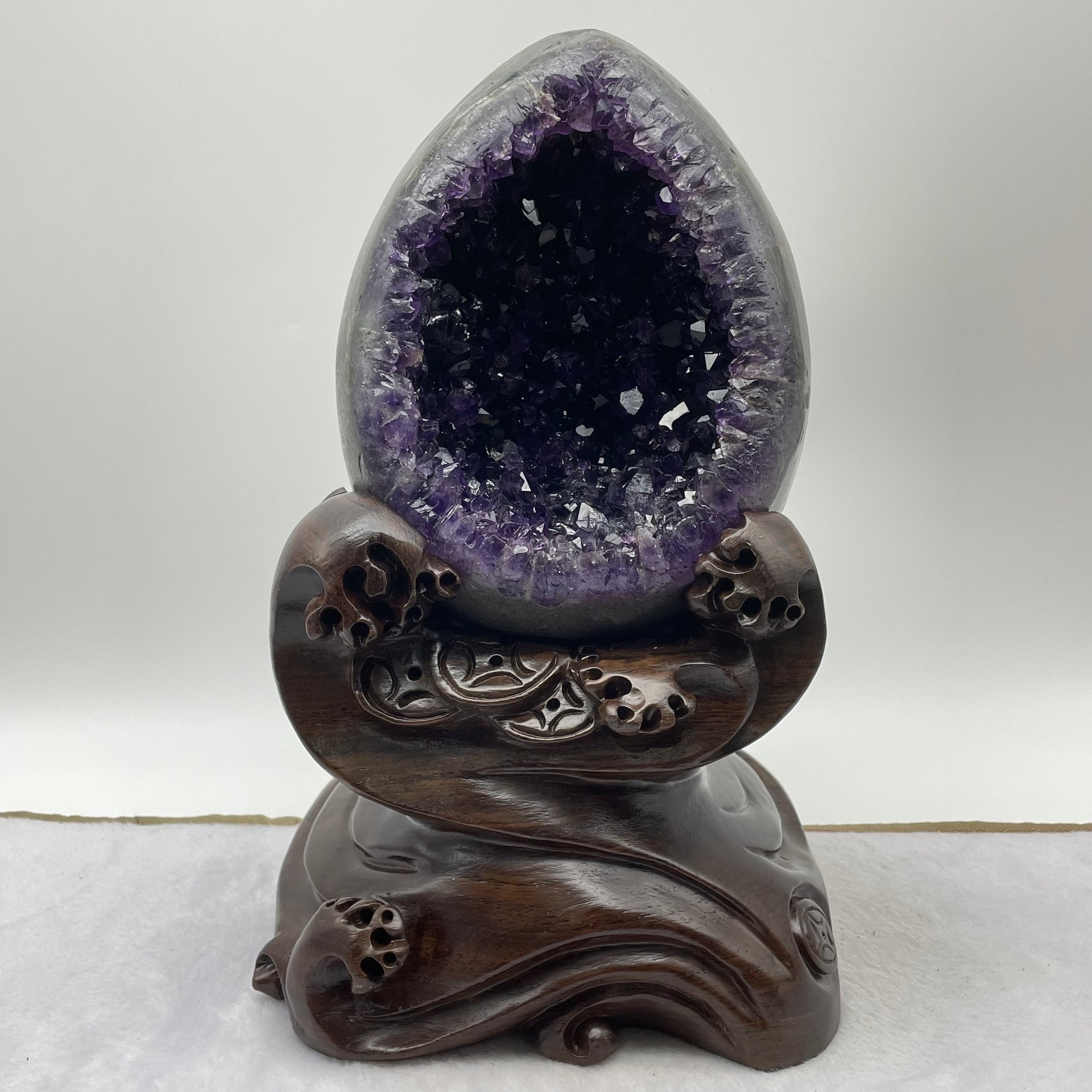 Natural Deep Purple Amethyst Egg with Wooden Stand Display Total 6,107.6g 175.0 by 200.0 by 270.0mm - Huangs Jadeite and Jewelry Pte Ltd