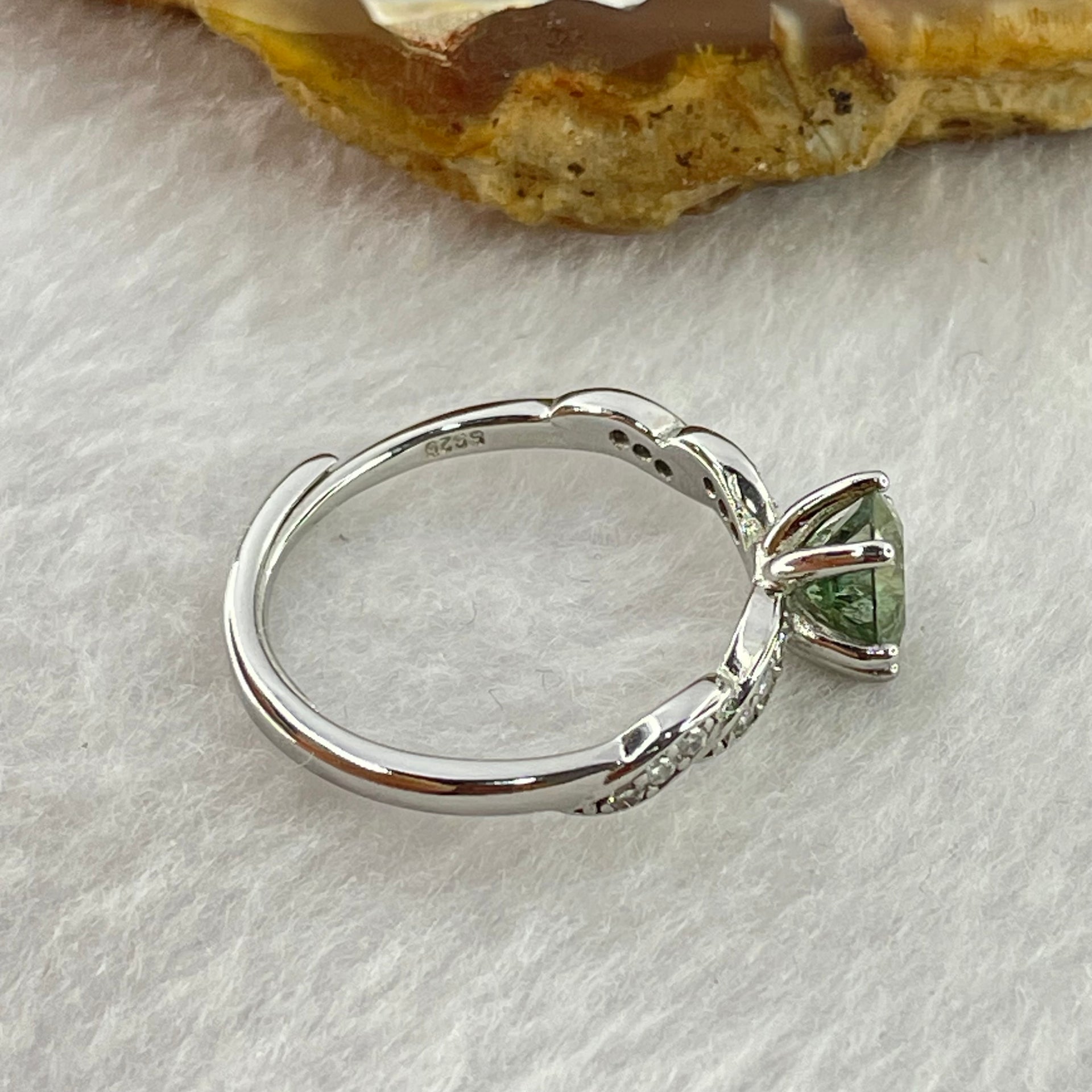 Blueish Green Cubic Zirconia 6.2 by 2.6mm with Crystals In S925 Sliver Ring (Adjustable Size) 1.51g - Huangs Jadeite and Jewelry Pte Ltd