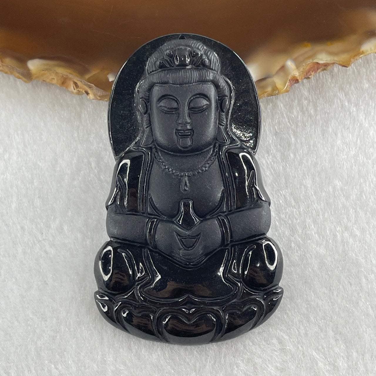 Certified Type A Opaque to Partial Translucent Black Omphacite Jadeite Guan Yin Pendant 27.26g 59.4 by 36.0 by 7.9mm