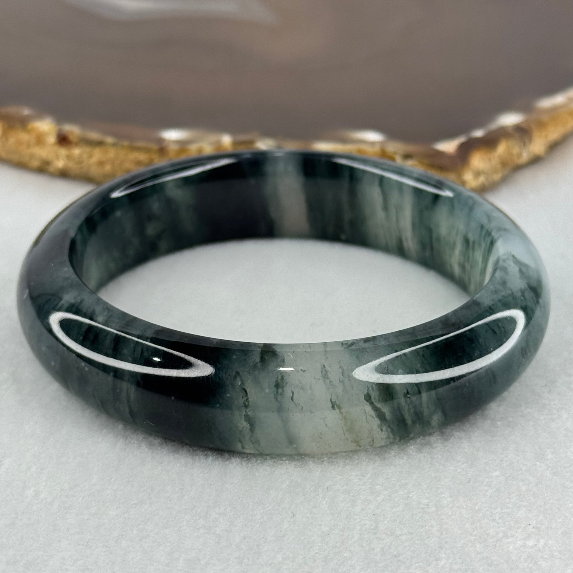 Transparent Colourless with Dark Greenish Black Piao Hua Sodium Feldspar Jade Bangle 水沫玉手镯 Internal Diameter 58.1mm 59.21g 15.6 by 9.0mm - Huangs Jadeite and Jewelry Pte Ltd