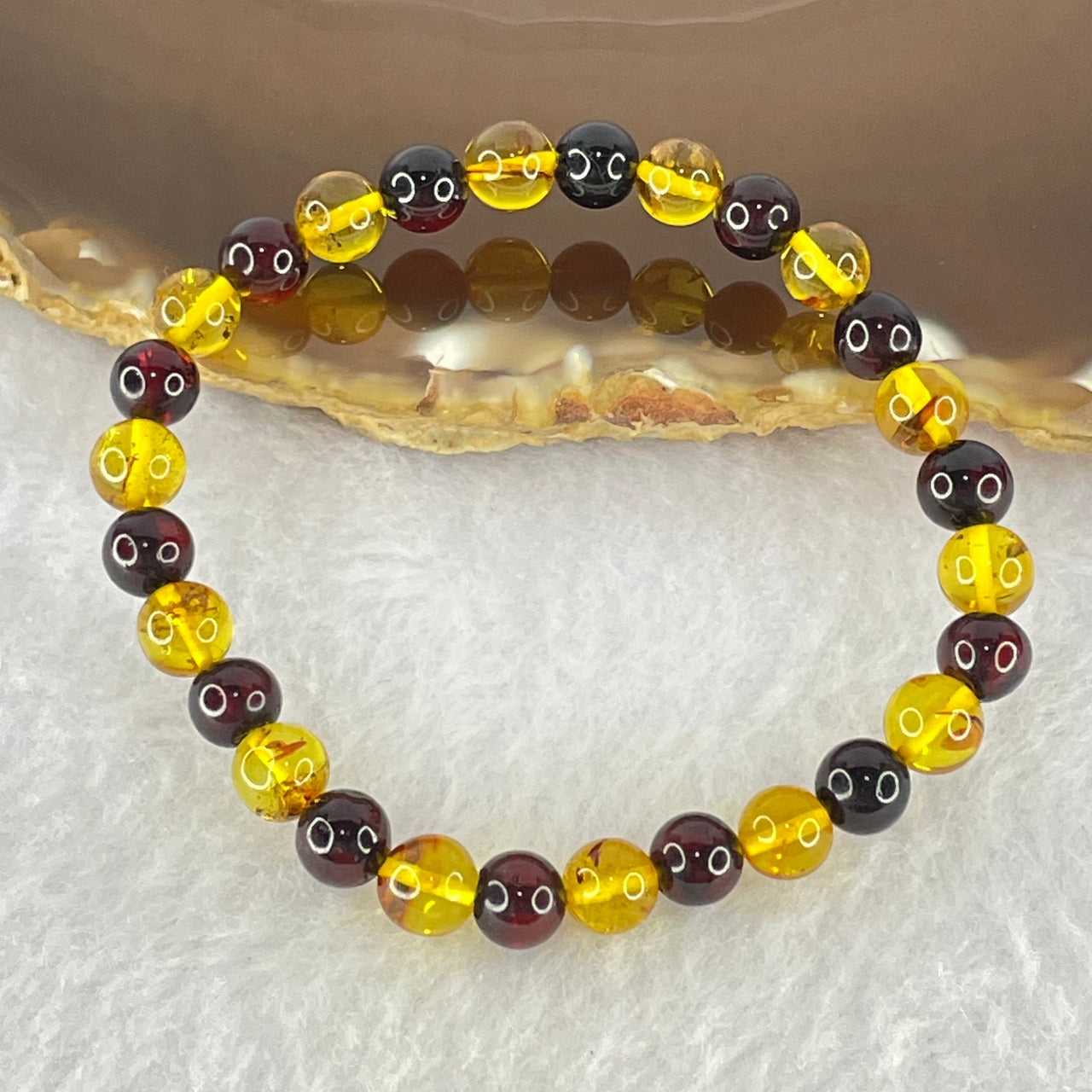 Natural Blood Red and Yellow Amber Beads Bracelet 3.66g 14.5cm 6.4mm 28 Beads - Huangs Jadeite and Jewelry Pte Ltd