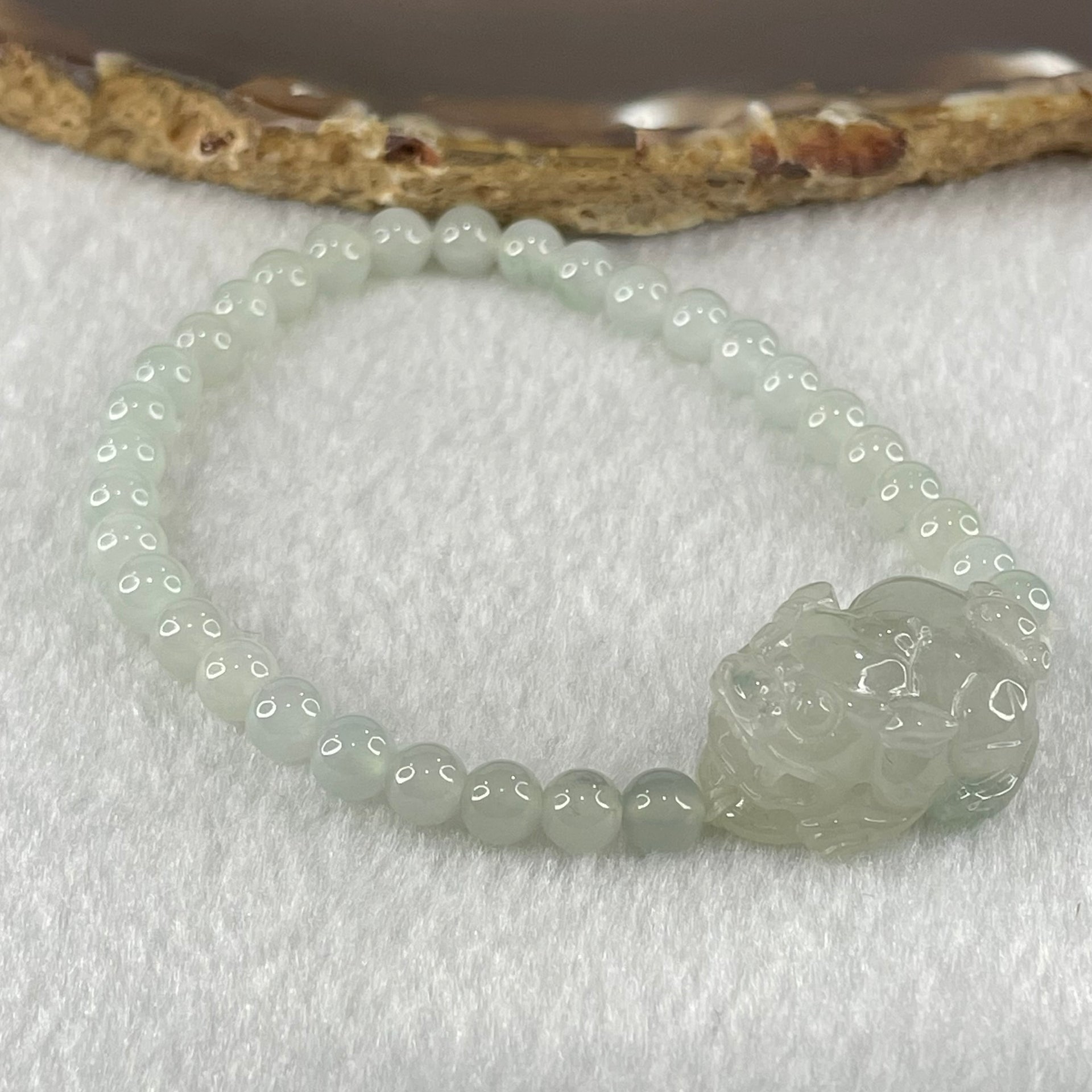 Special Type A Semi Icy Light Blueish Green Jadeite with Male Pixiu Charm Bracelet 5.61g 16cm 5.4mm 32 Beads 22.4 by 11.4 by 11.8mm 1pcs - Huangs Jadeite and Jewelry Pte Ltd