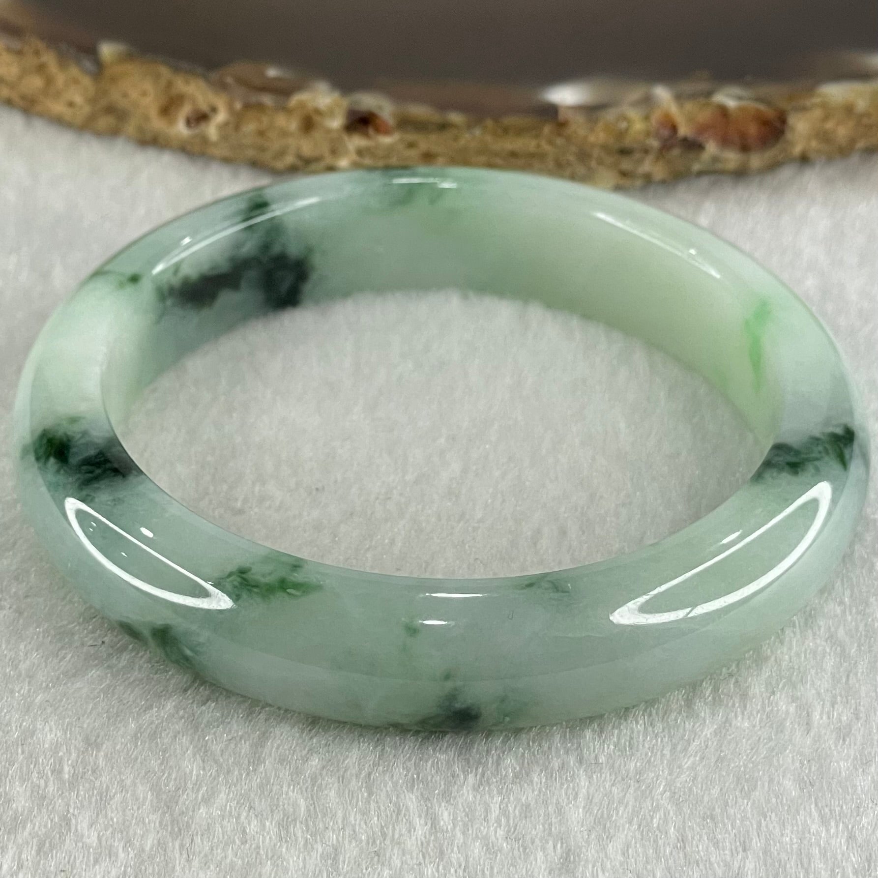 Type A Light Green with Dark Blueish Green Piao Hua Jadeite Bangle 45.99g Internal Diameter 53.1mm 11.7 by 7.8mm (Internal Line) - Huangs Jadeite and Jewelry Pte Ltd