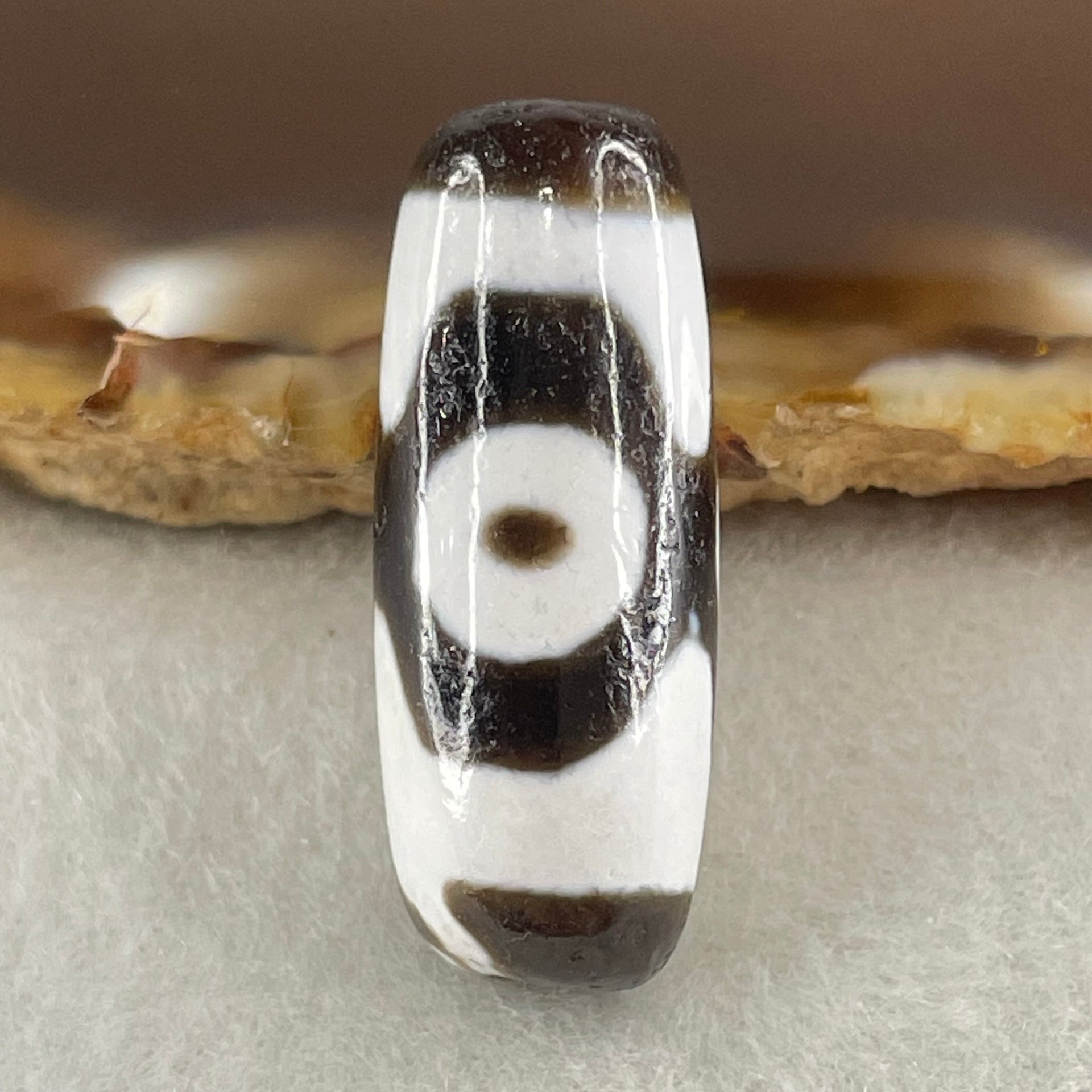 Natural Powerful Tibetan Old Oily Agate 3 Eyes Dzi Bead Heavenly Master (Tian Zhu) 三眼天诛 4.99g 27.6 by 10.8mm - Huangs Jadeite and Jewelry Pte Ltd