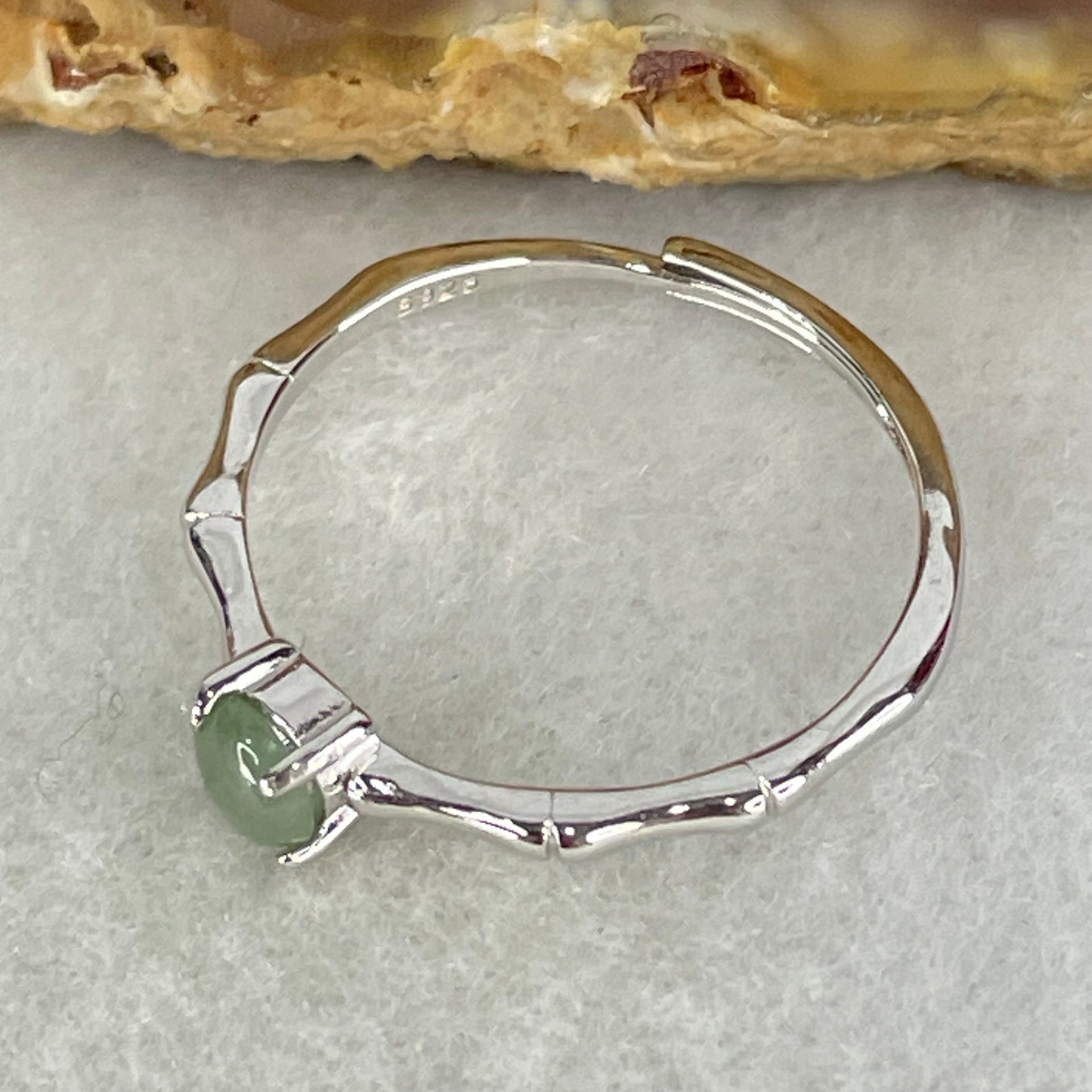 Type A Semi Icy Green Cabochon Jadeite in S925 Sliver Bamboo Ring (Adjustable Size) 0.96g 4.0 by 2.0mm - Huangs Jadeite and Jewelry Pte Ltd