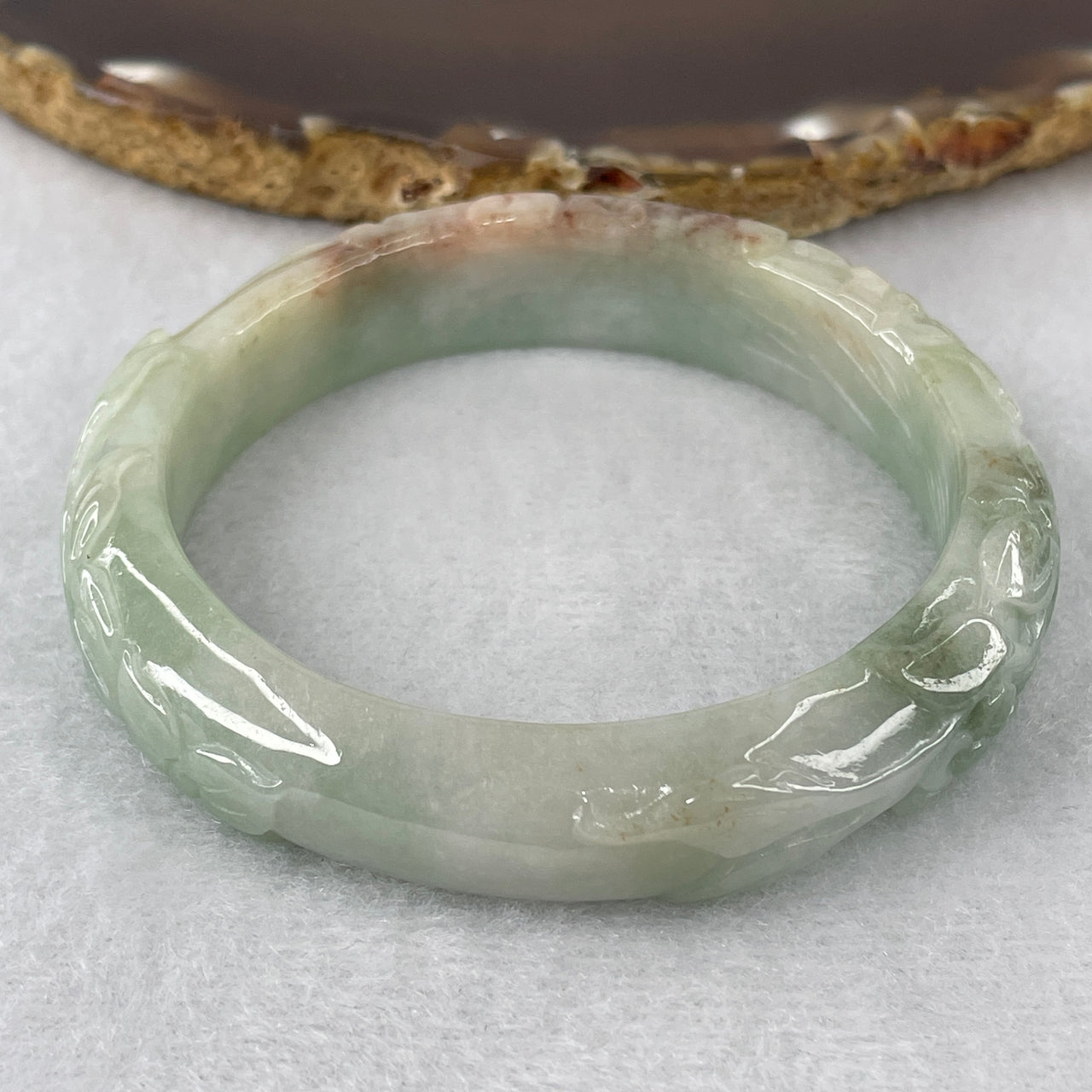 Natural Type A Green & Reddish Jadeite "Flower & Ruyi" Carved Bangle | 100% Untreated Masterwork Fei Cui Bracelet (48.68g | 55.2mm Inner Diameter | 13.0mm × 7.6mm) (Internal Line)