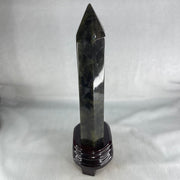 Good Grade Natural Labradorite Tower with Wooden Stand Display 1109.6g 260.5 by 192.7 by 75.2mm - Huangs Jadeite and Jewelry Pte Ltd