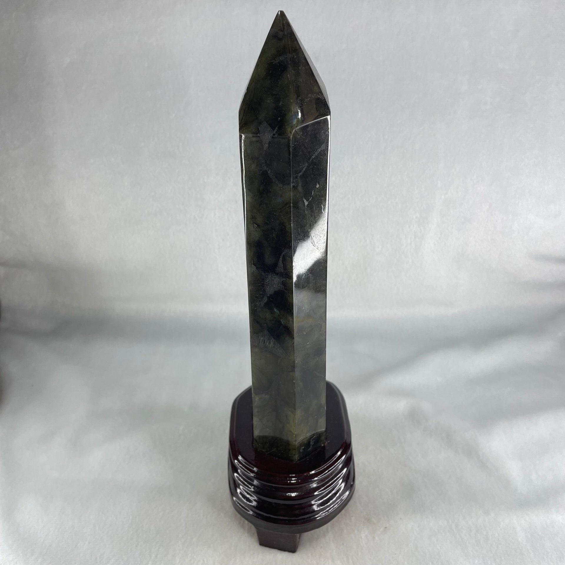 Good Grade Natural Labradorite Tower with Wooden Stand Display 1109.6g 260.5 by 192.7 by 75.2mm - Huangs Jadeite and Jewelry Pte Ltd