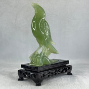 Natural Green Serpentine Javan Mynah Birds on Tree with Wooden Stand Display 353.6g 122.0 by 174.0 by 63.5mm - Huangs Jadeite and Jewelry Pte Ltd