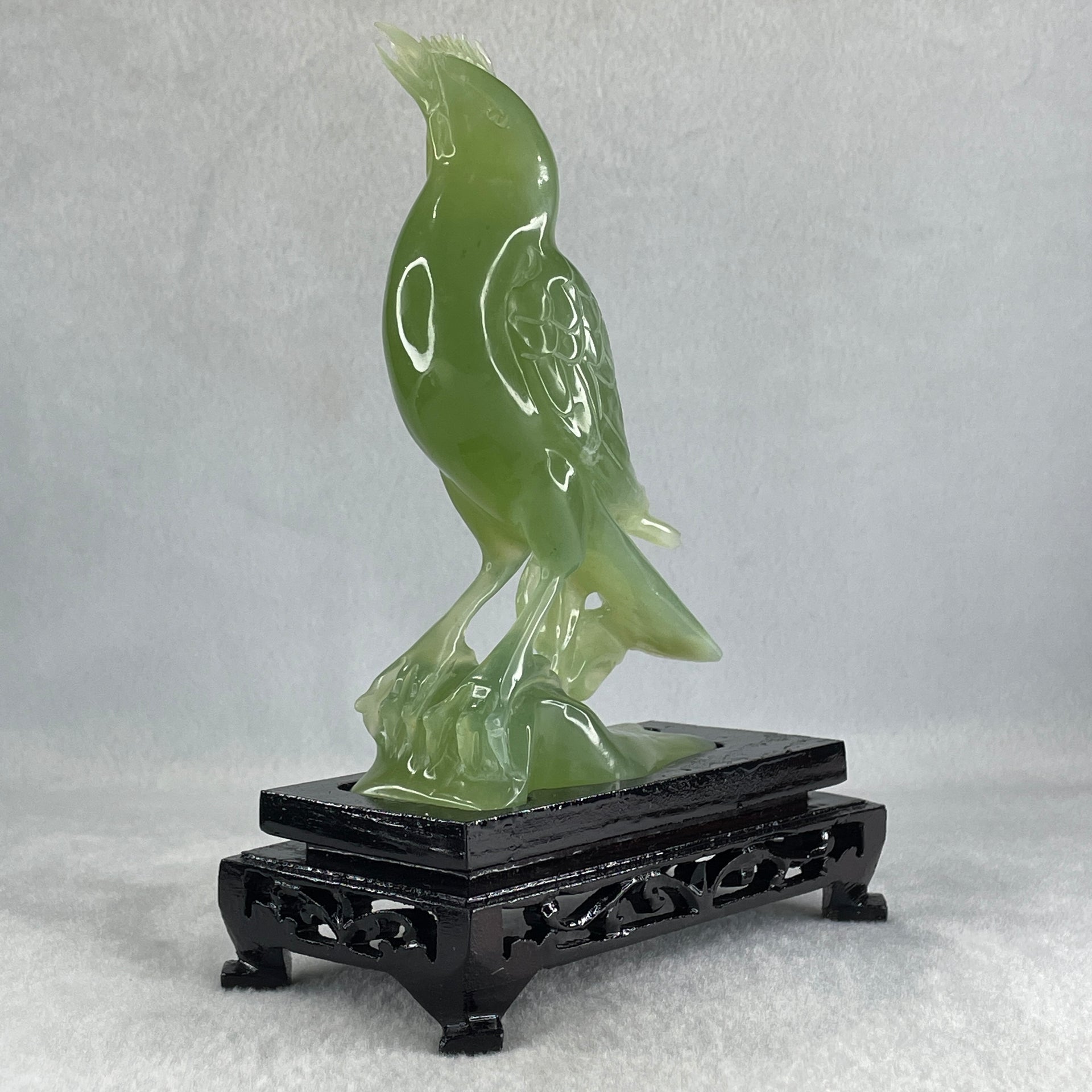 Natural Green Serpentine Javan Mynah Birds on Tree with Wooden Stand Display 353.6g 122.0 by 174.0 by 63.5mm - Huangs Jadeite and Jewelry Pte Ltd
