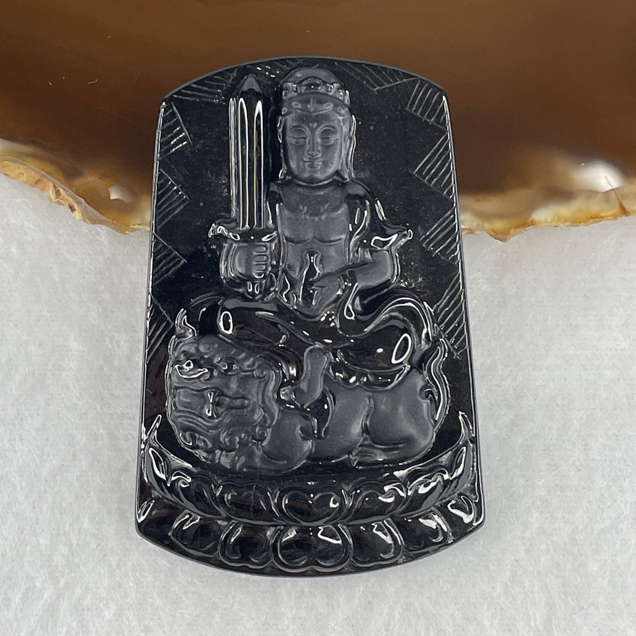 Certified Type A Opaque Black Omphacite Jadeite Bodhisattva Manjushri on Lion Pendant | Supreme Wisdom & Courage Talisman (29.51g | 61.0 x 41.1 x 9.2mm)